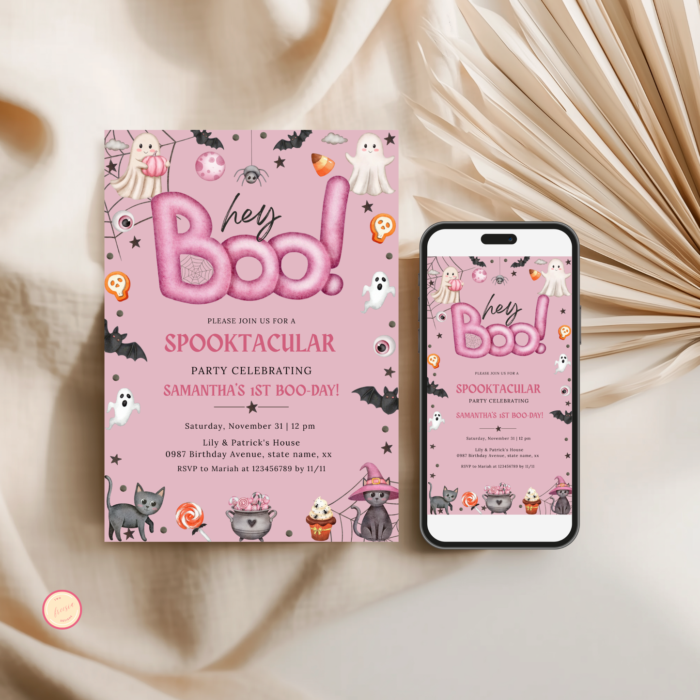 Hey Boo 1st Birthday Invitation - Pink