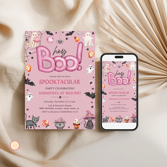 Hey Boo 1st Birthday Invitation - Pink