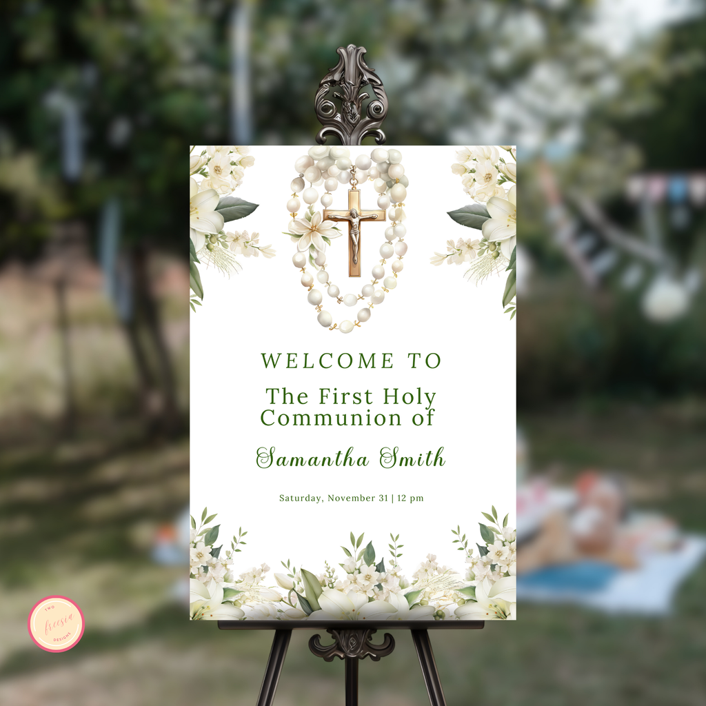 First Communion Welcome Sign First Holy Communion Welcome Sign Template | Editable Floral Green ...