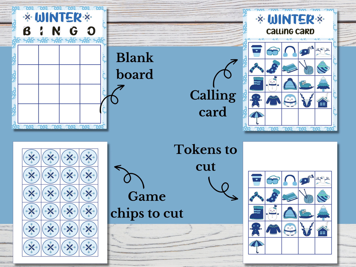 Winter Bingo Game - Activity for Kids - 30 Unique 4x4 Cards - Digital Download