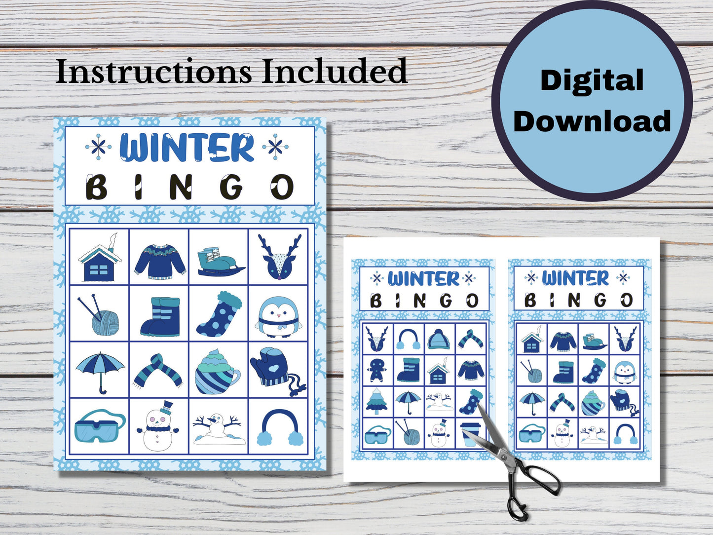 Winter Bingo Game - Activity for Kids - 30 Unique 4x4 Cards - Digital Download