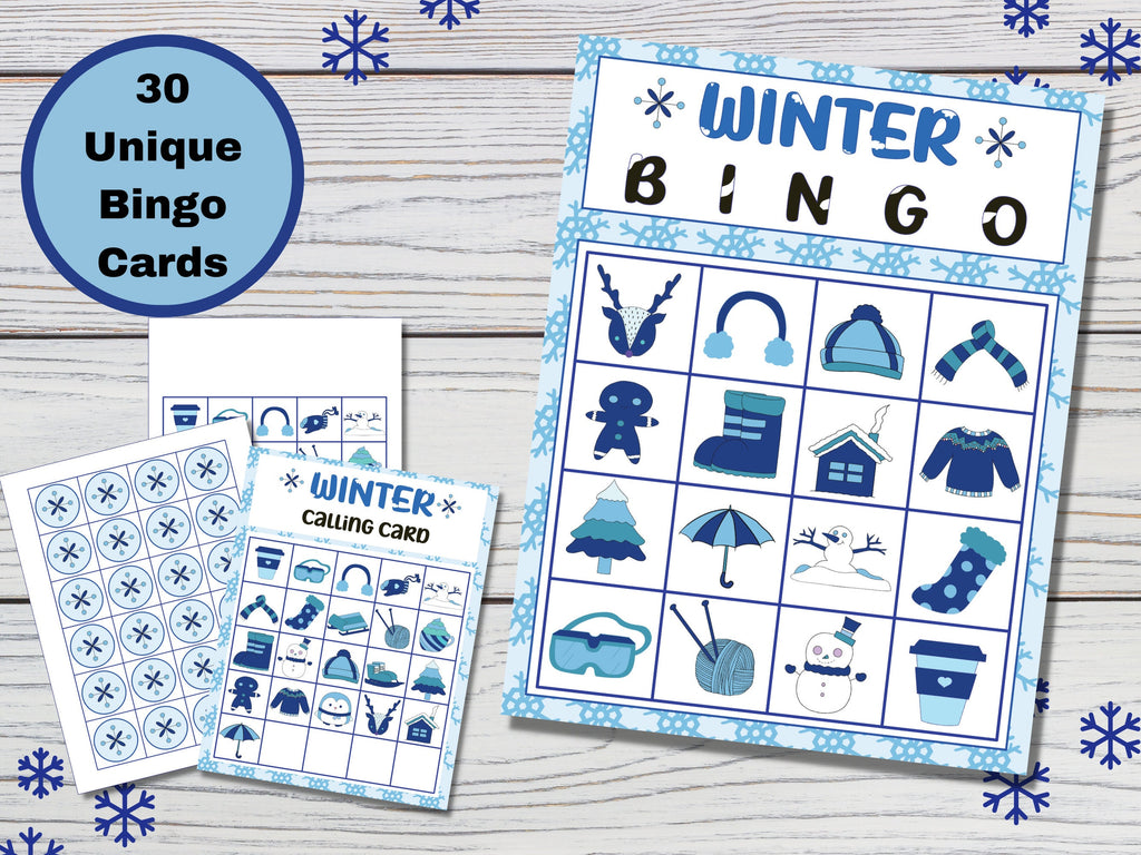 Winter Bingo Game - Activity for Kids - 30 Unique 4x4 Cards - Digital Download