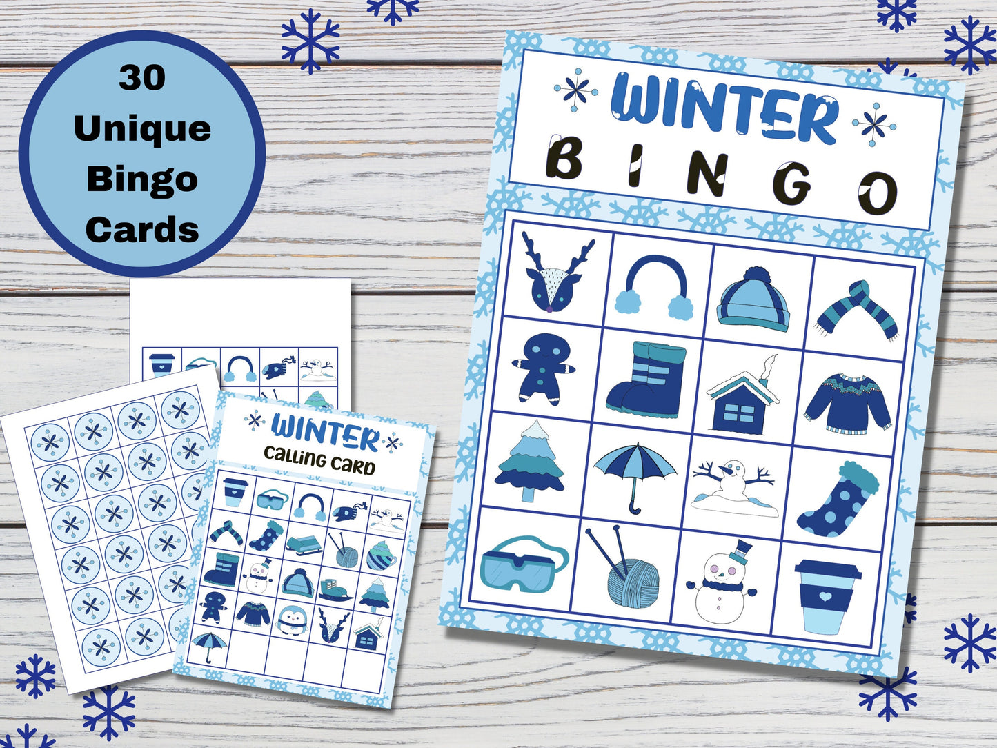 Winter Bingo Game - Activity for Kids - 30 Unique 4x4 Cards - Digital Download