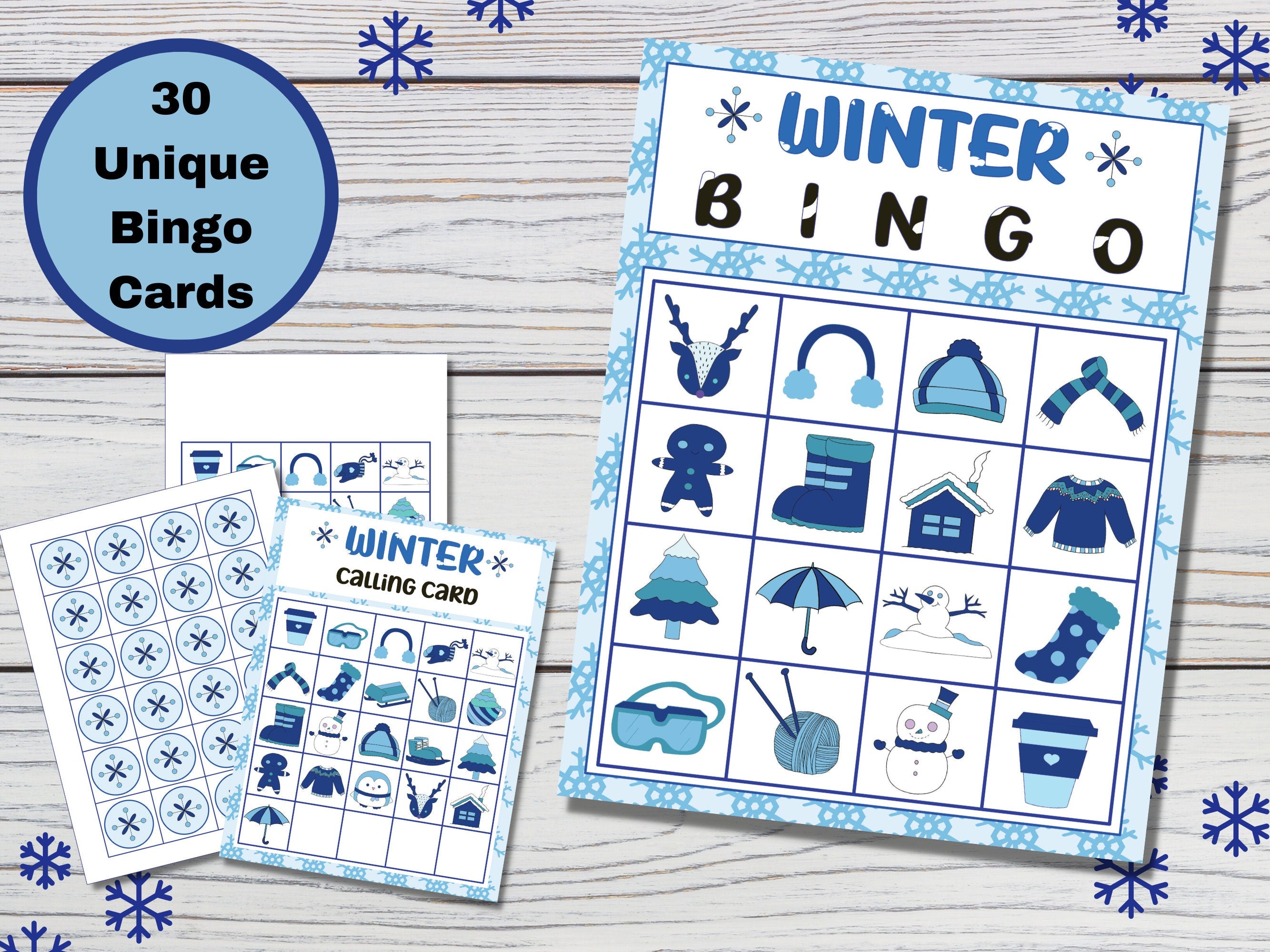 Winter Bingo Game - Activity for Kids - 30 Unique 4x4 Cards - Digital Download