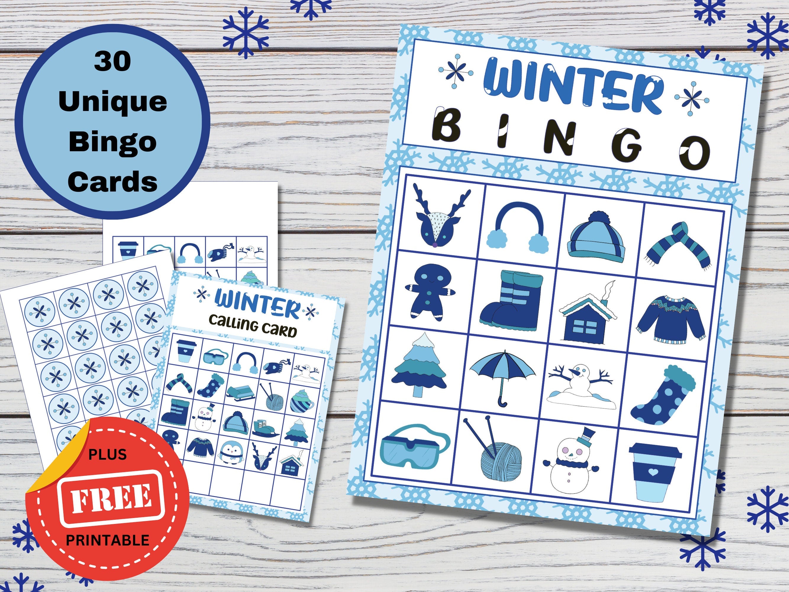 Winter Bingo Game - Activity for Kids - 30 Unique 4x4 Cards - Digital Download