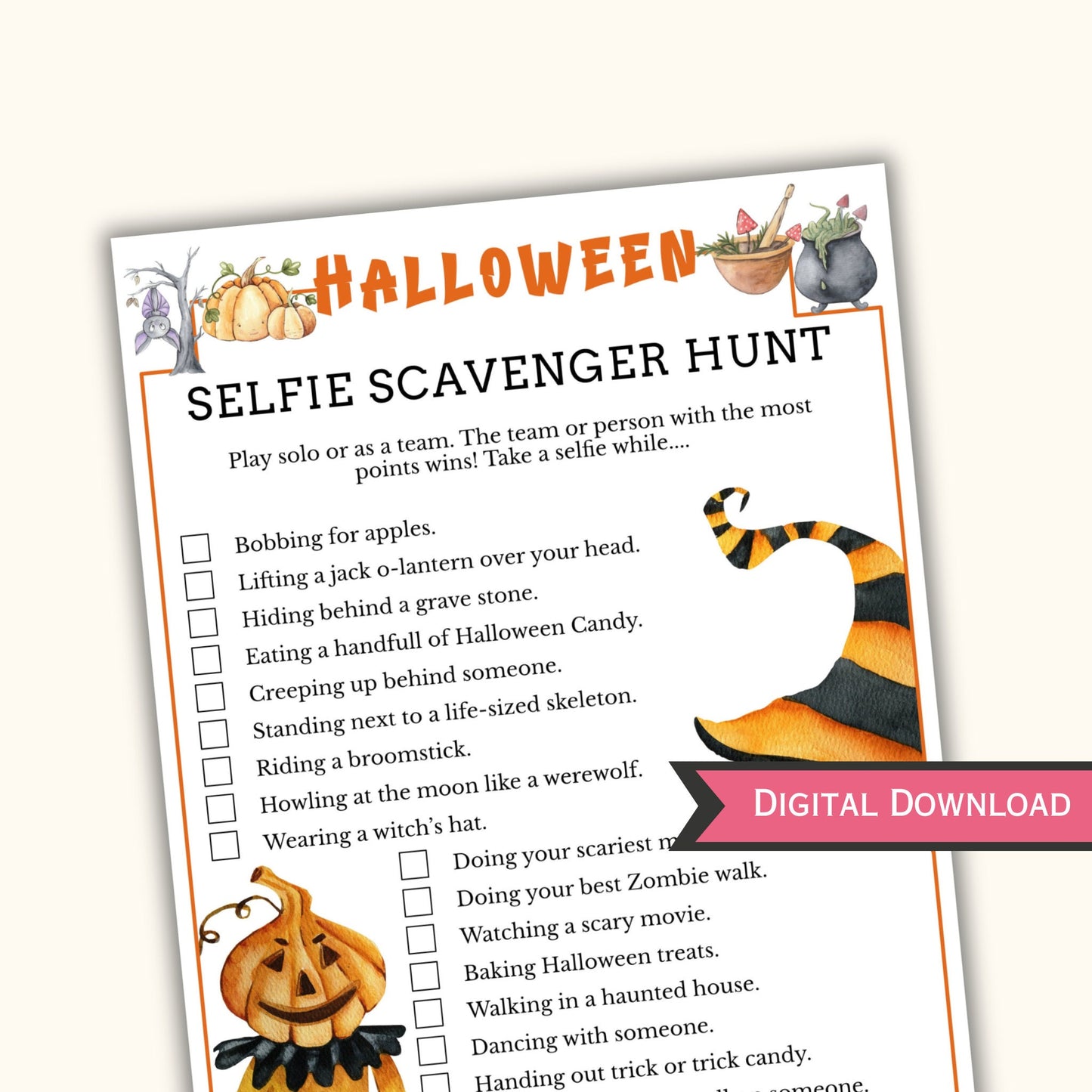 Halloween Selfie Scavenger Hunt - Printable Halloween Party Game for Teens and Adults - Icebreaker Activity & Spooky Party Game - KL098