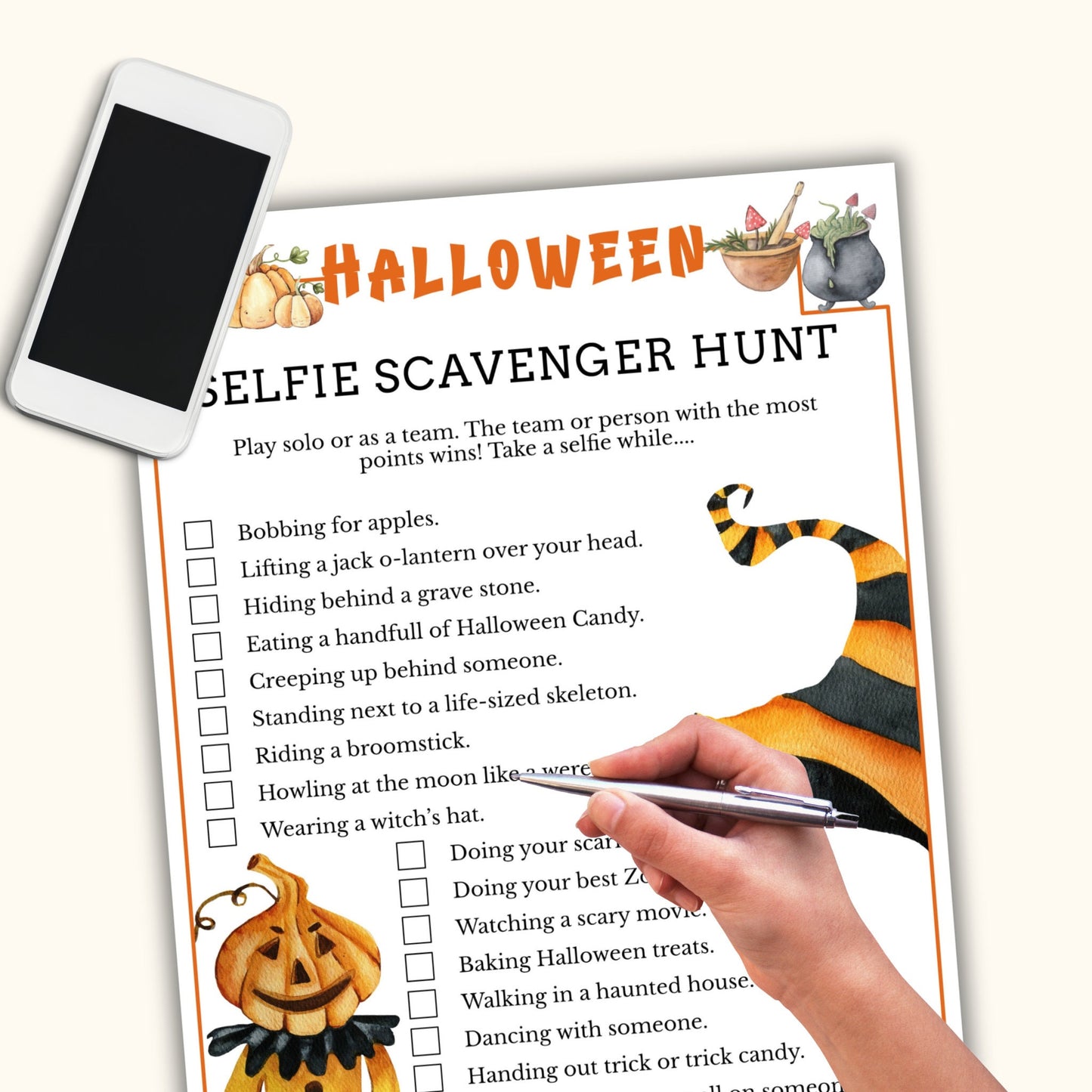 Halloween Selfie Scavenger Hunt - Printable Halloween Party Game for Teens and Adults - Icebreaker Activity & Spooky Party Game - KL098