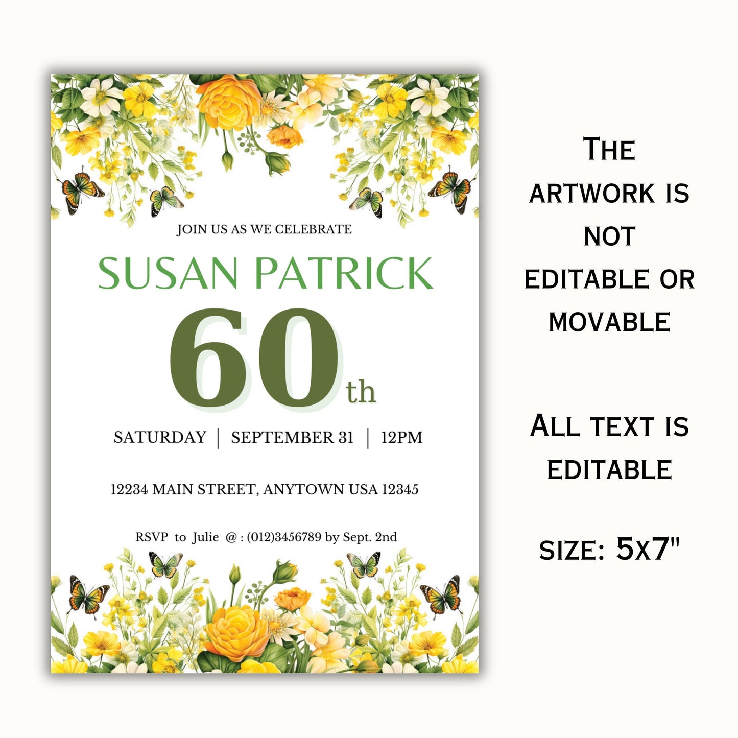 60th Birthday Invitation Template - Yellow Floral