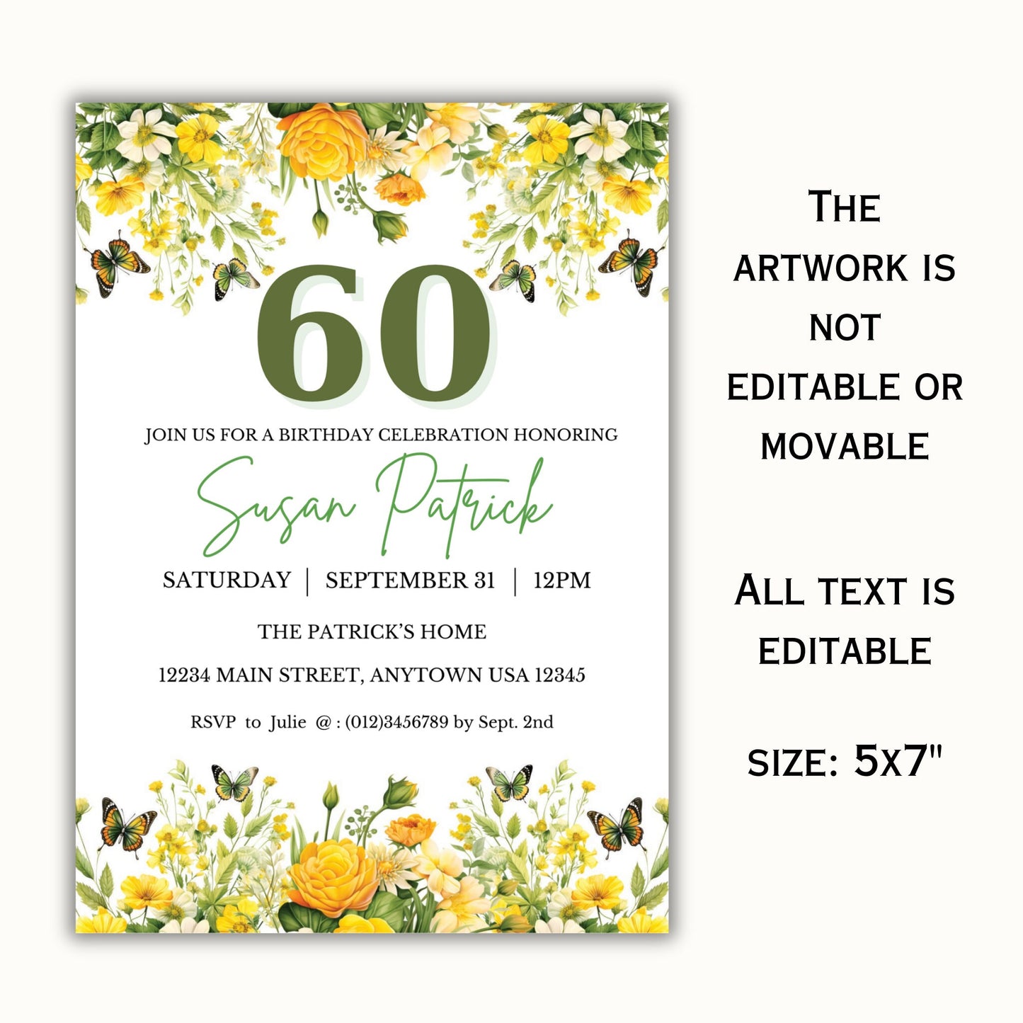 Editable 60th Birthday Invitation - Yellow Floral