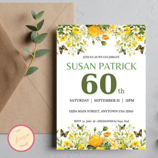 60th Birthday Invitation Template - Yellow Floral