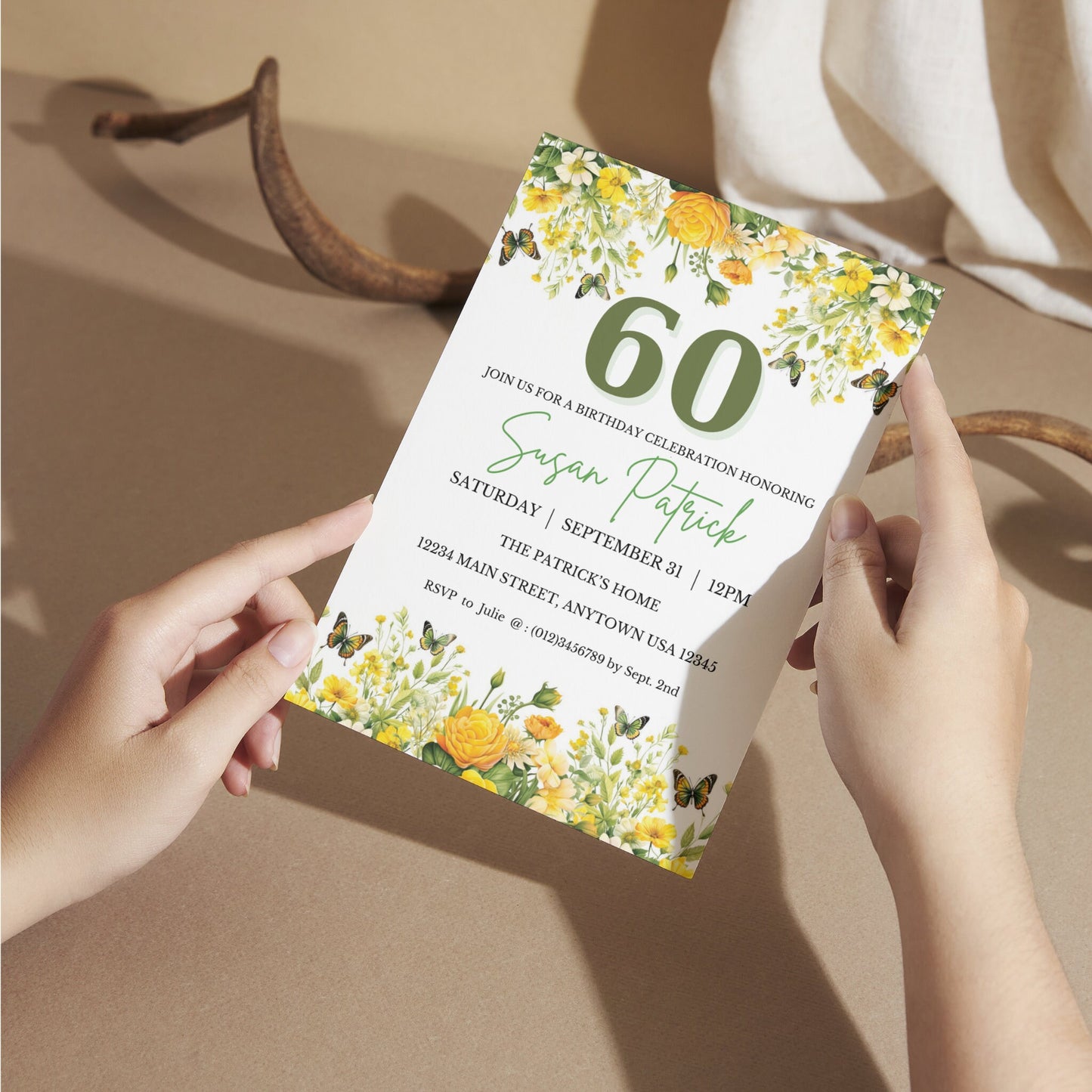 Editable 60th Birthday Invitation - Yellow Floral