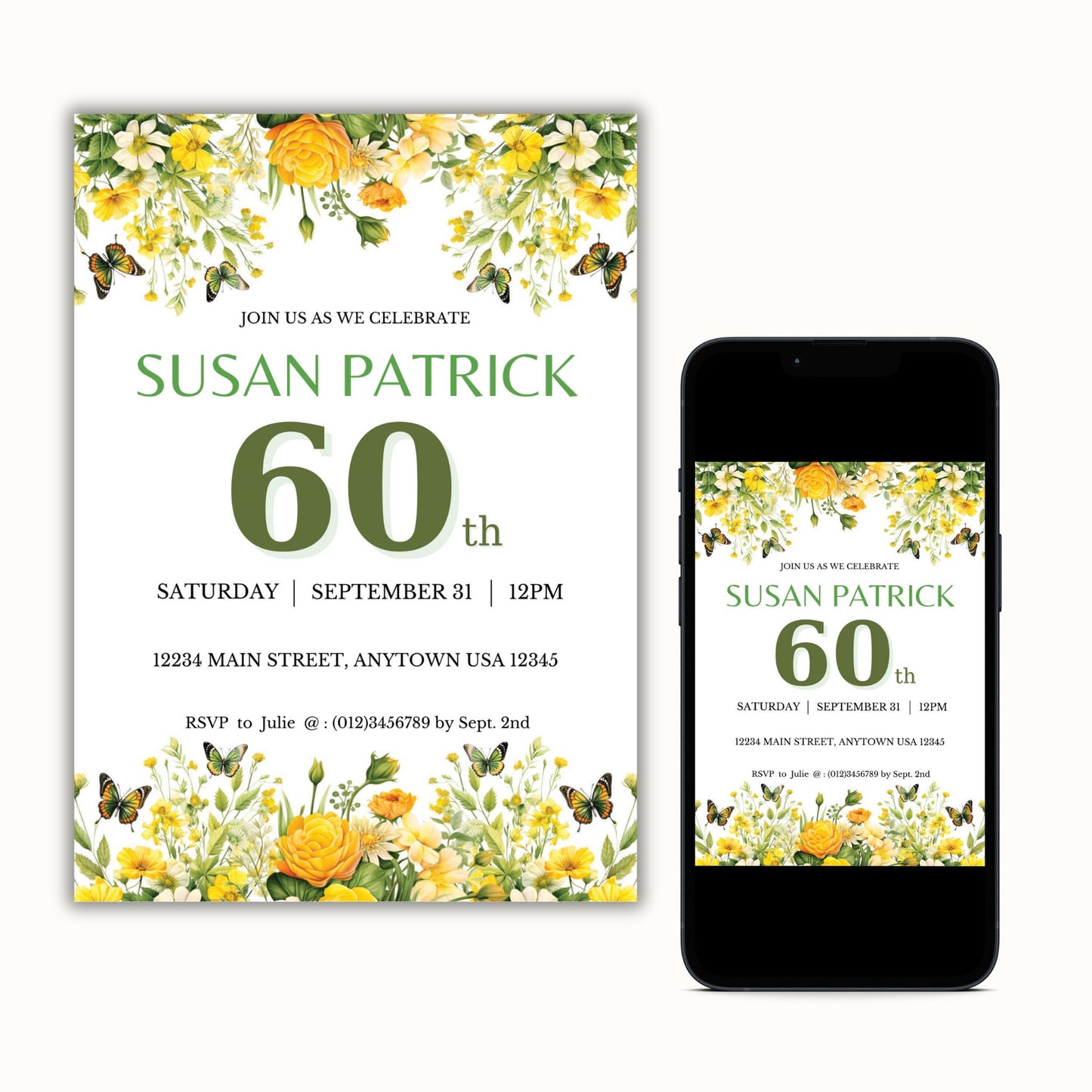 60th Birthday Invitation Template - Yellow Floral