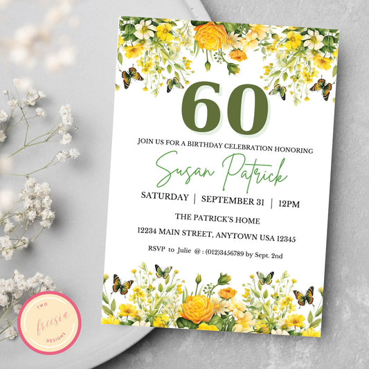 Editable 60th Birthday Invitation - Yellow Floral