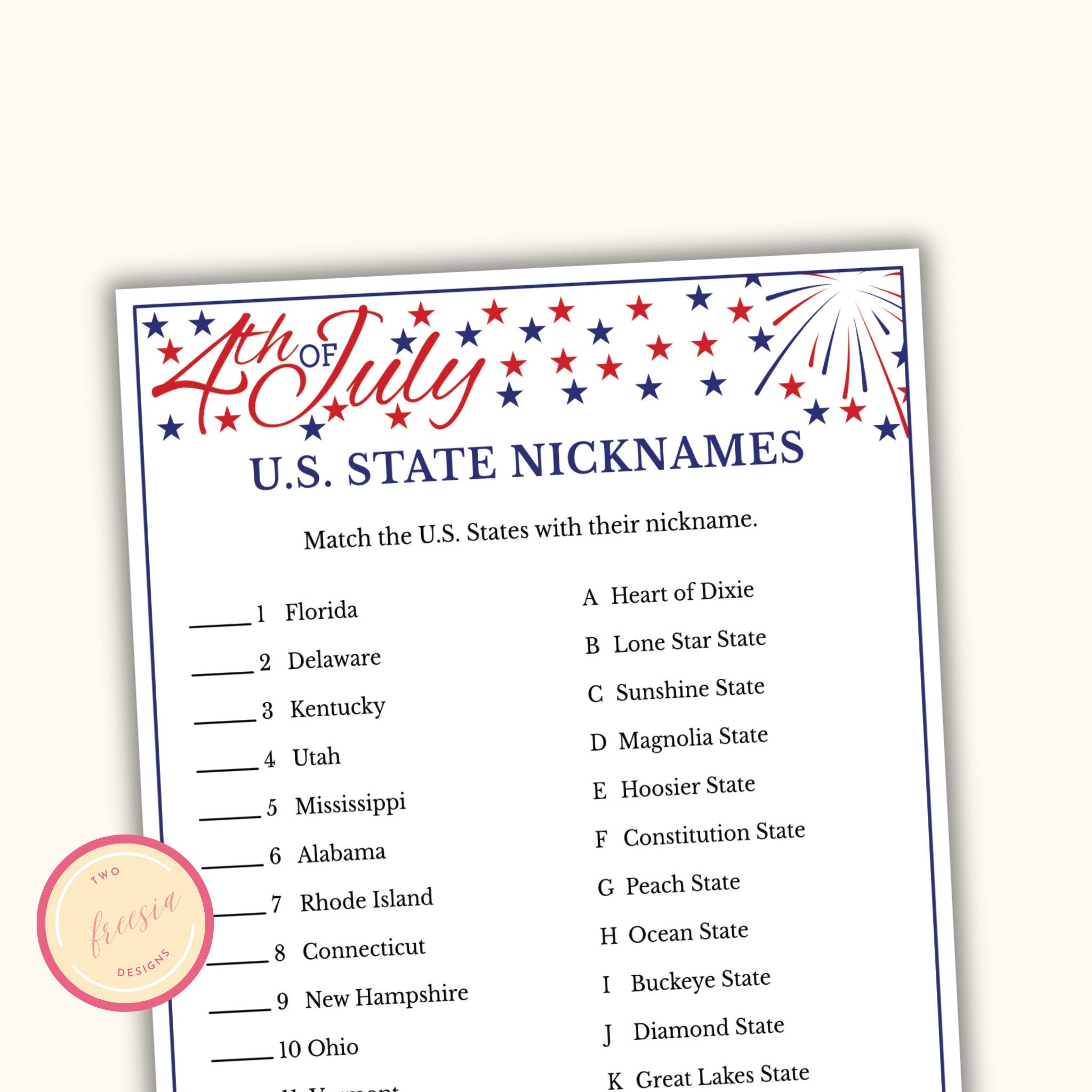 State Nicknames Match Game - 4th of July