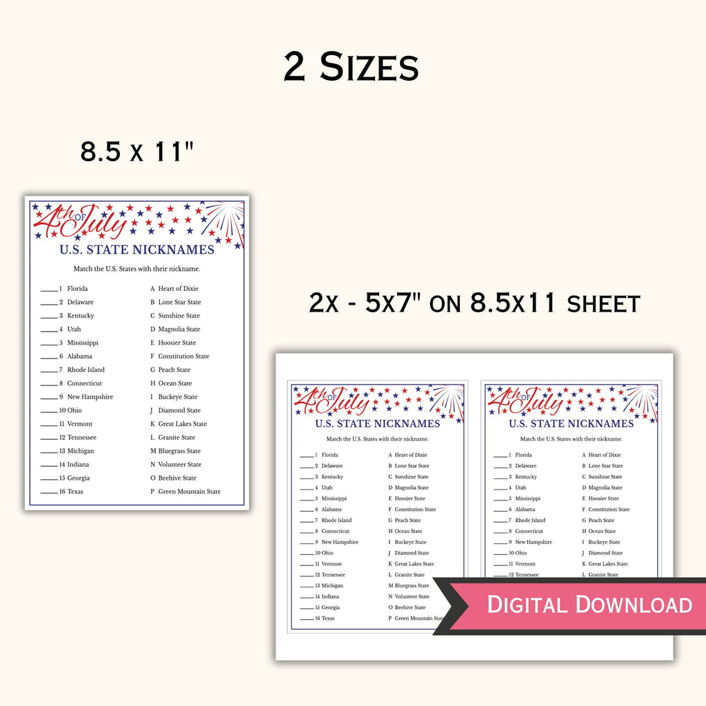 State Nicknames Match Game - 4th of July