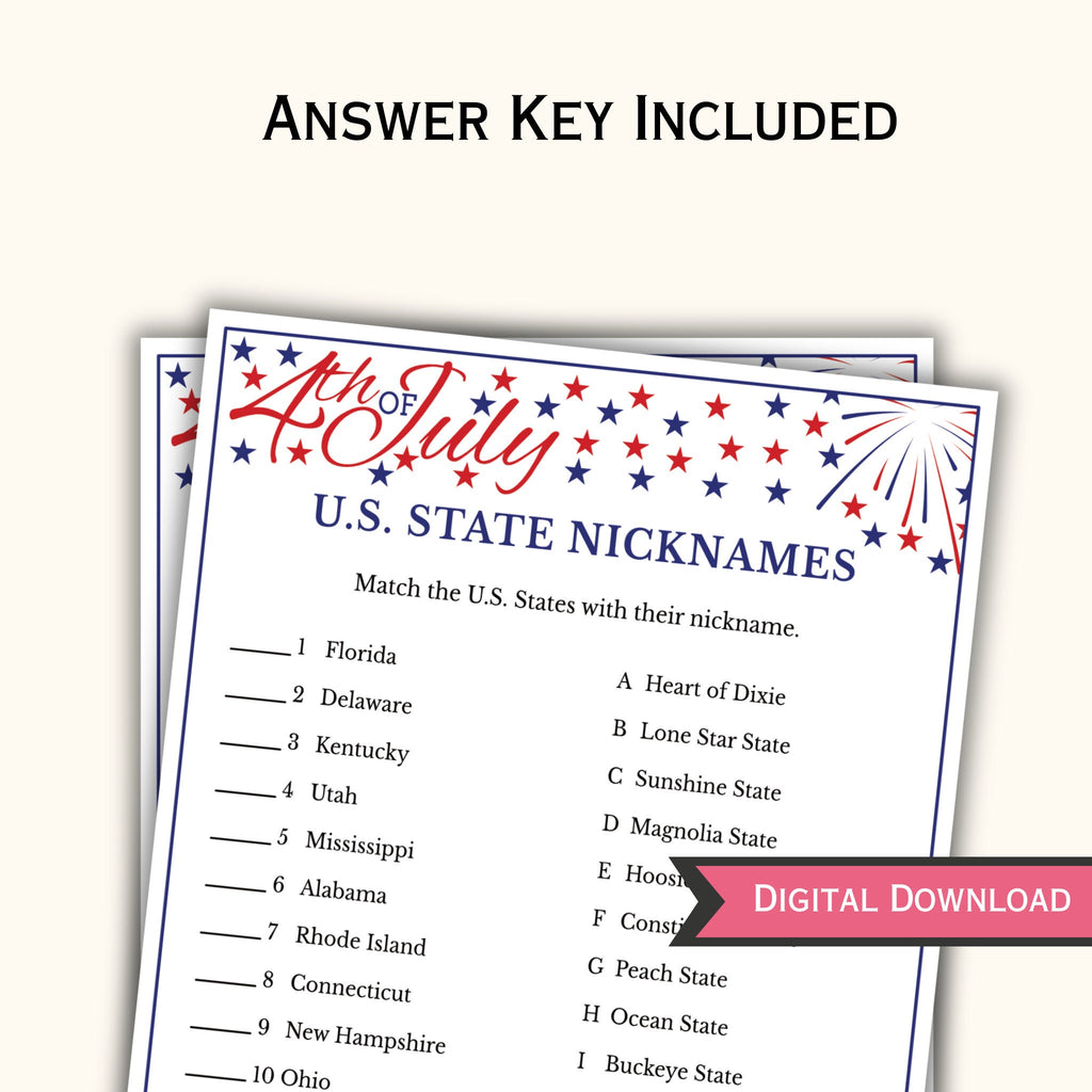 State Nicknames Match Game - 4th of July