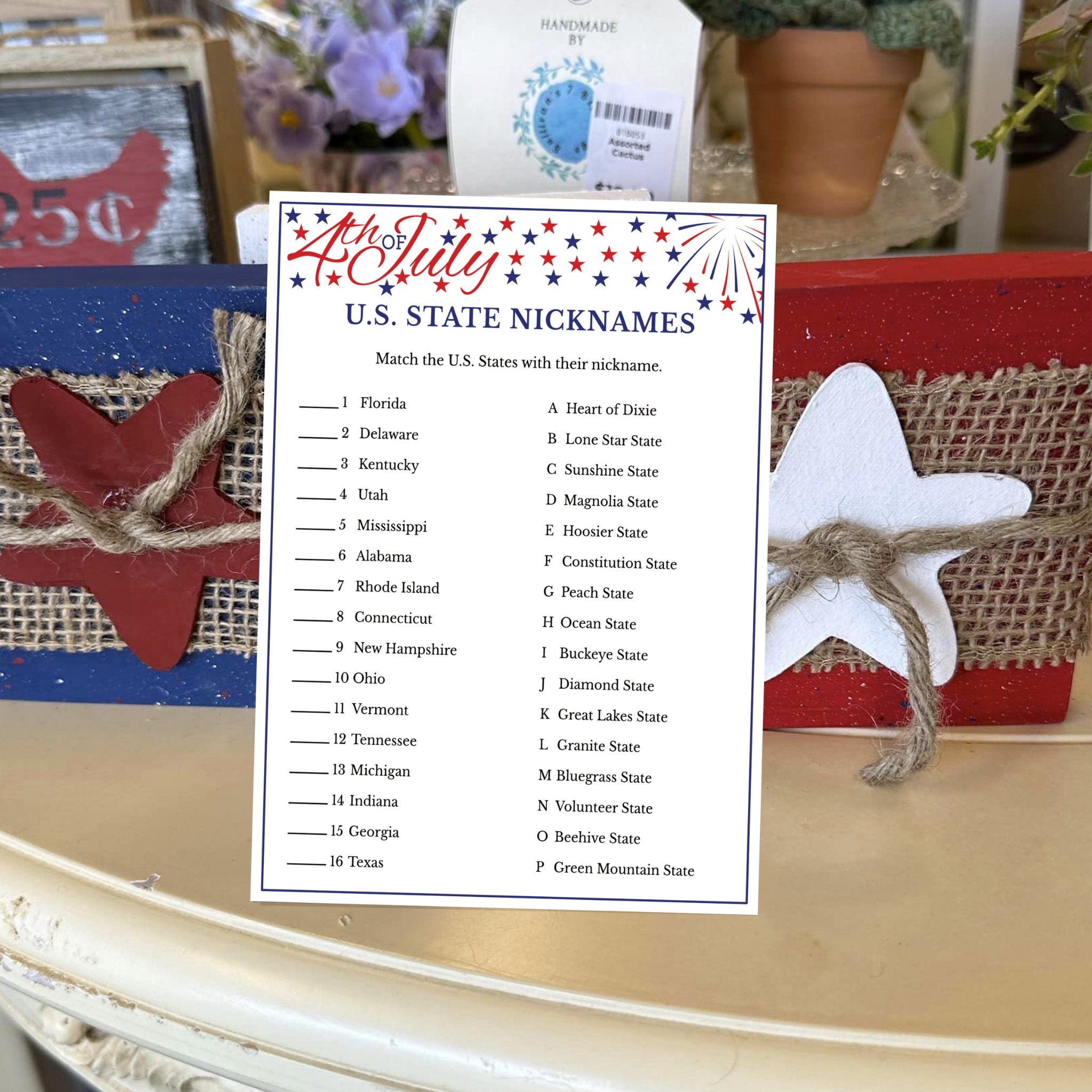 State Nicknames Match Game - 4th of July