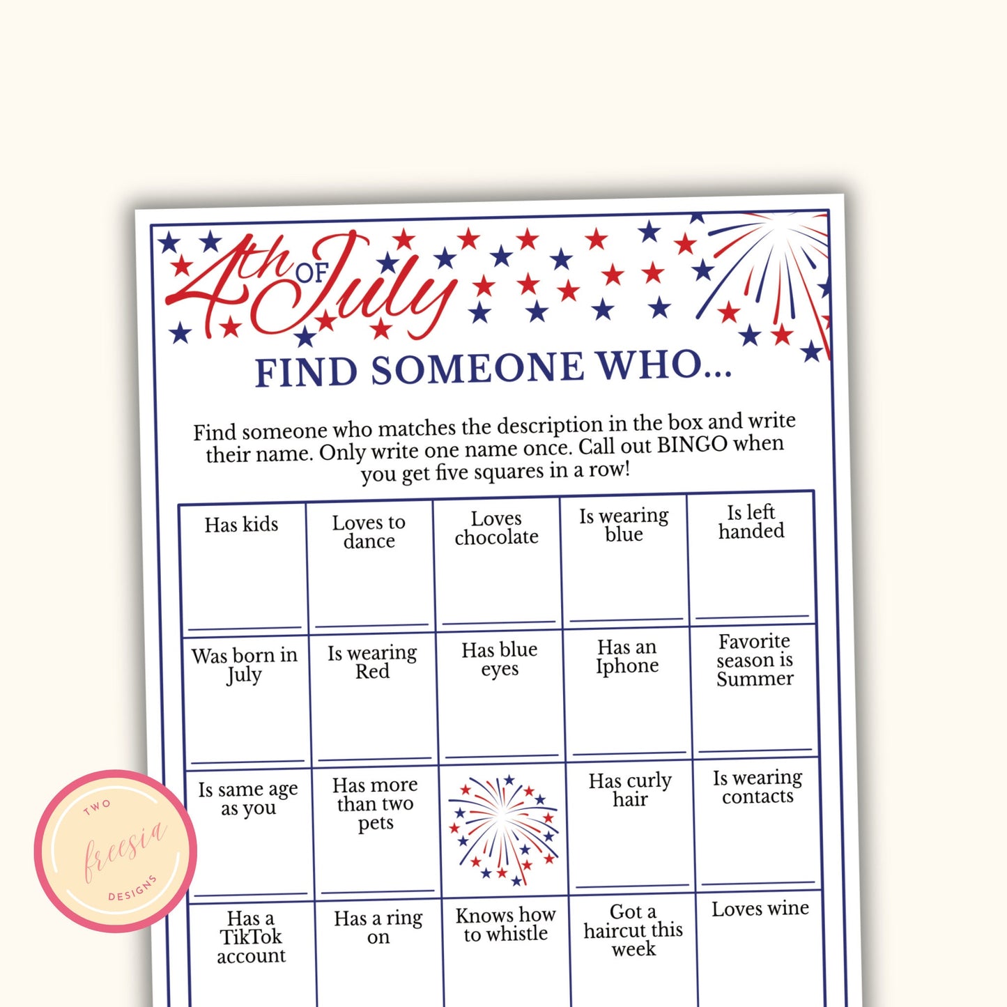 Find Someone Who Bingo Game - 4th of July