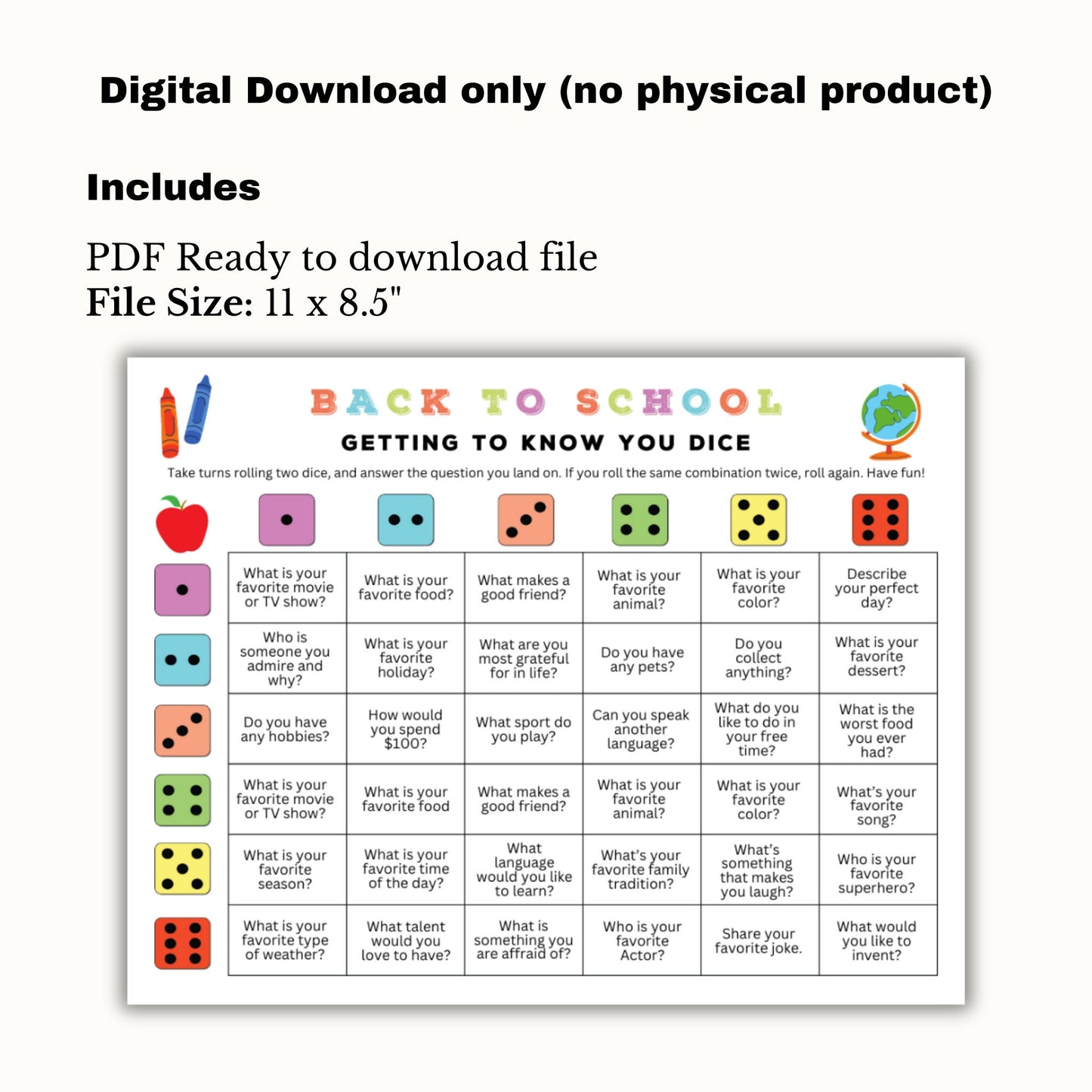 Back to School Dicebreaker - Classroom Icebreaker Activity - Roll & Tell Game - Getting To Know You Questions for Kids and Teachers