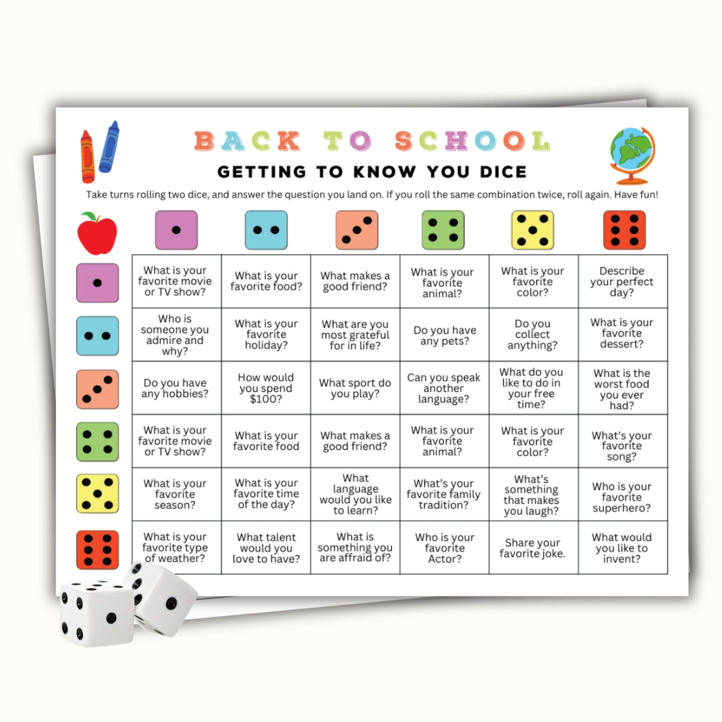 Back to School Dicebreaker - Classroom Icebreaker Activity - Roll & Tell Game - Getting To Know You Questions for Kids and Teachers