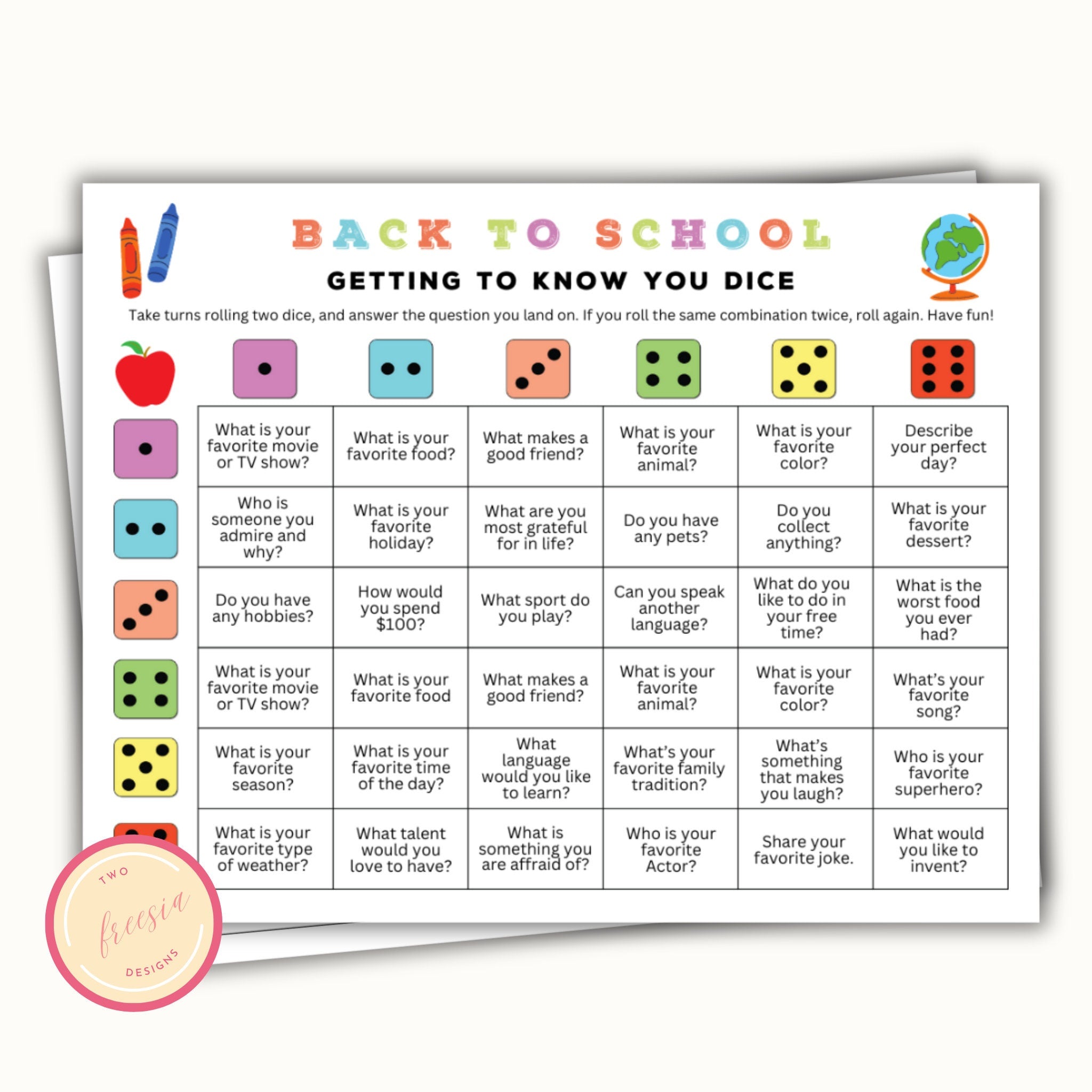 Back to School Dicebreaker Activity