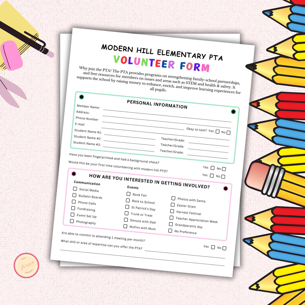 PTO PTA Volunteer Form Template  - Editable Canva Template - Membership Sign-Up Form Sheet - PT56