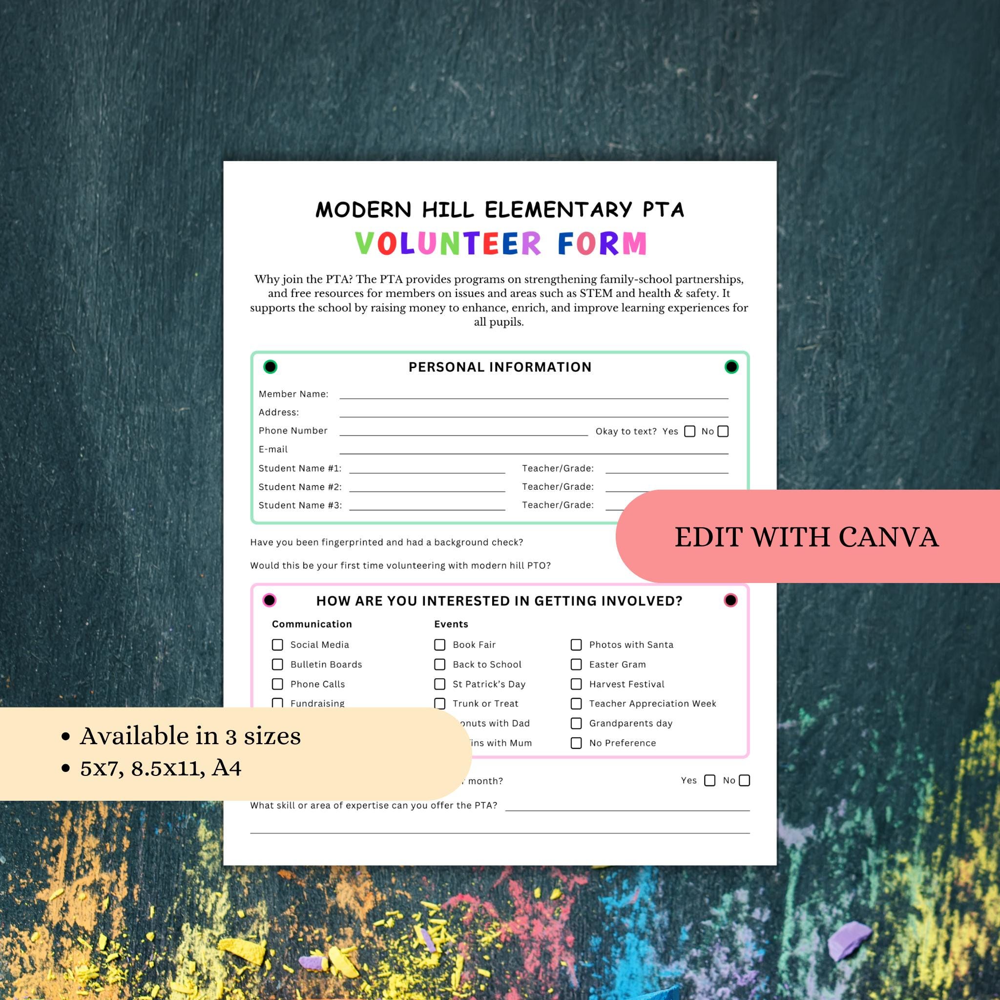 PTO PTA Volunteer Form Template  - Editable Canva Template - Membership Sign-Up Form Sheet - PT56