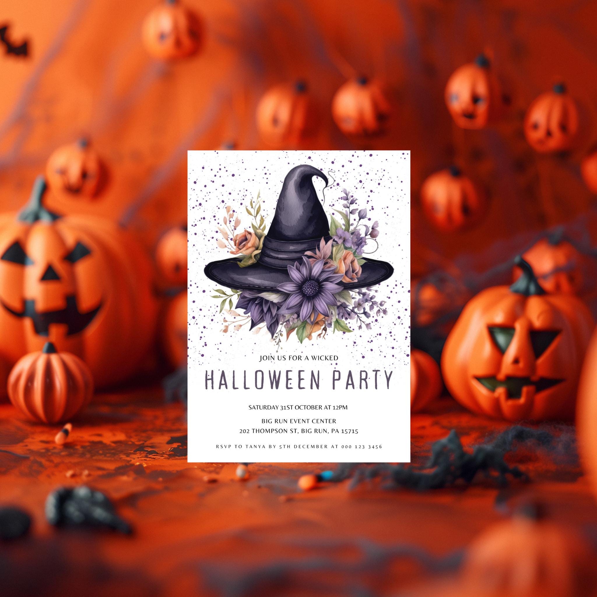Halloween Floral Witch's Hat Invitation Template
