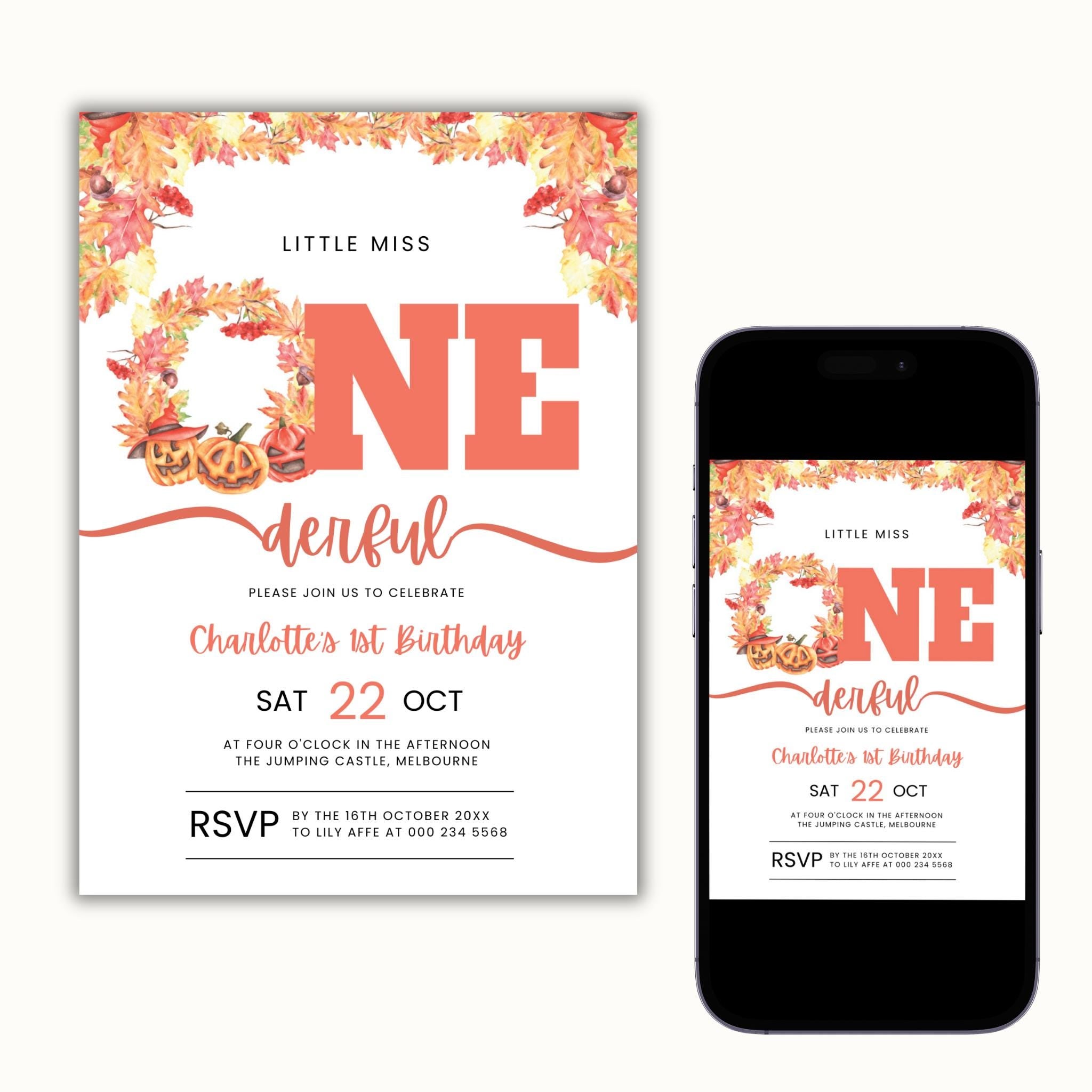 Little Miss Onederful 1st Birthday Invitation - Pumpkin