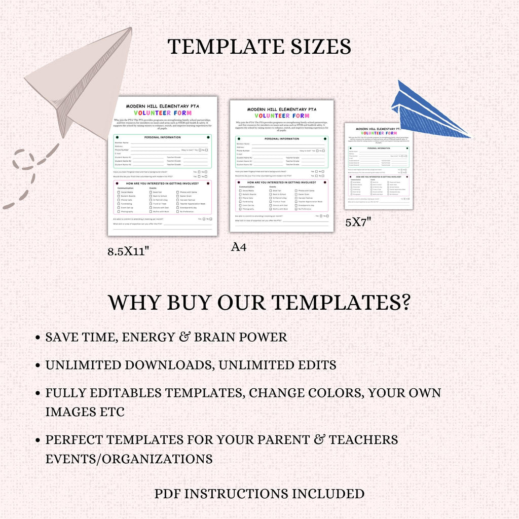 PTO PTA Volunteer Form Template  - Editable Canva Template - Membership Sign-Up Form Sheet - PT56
