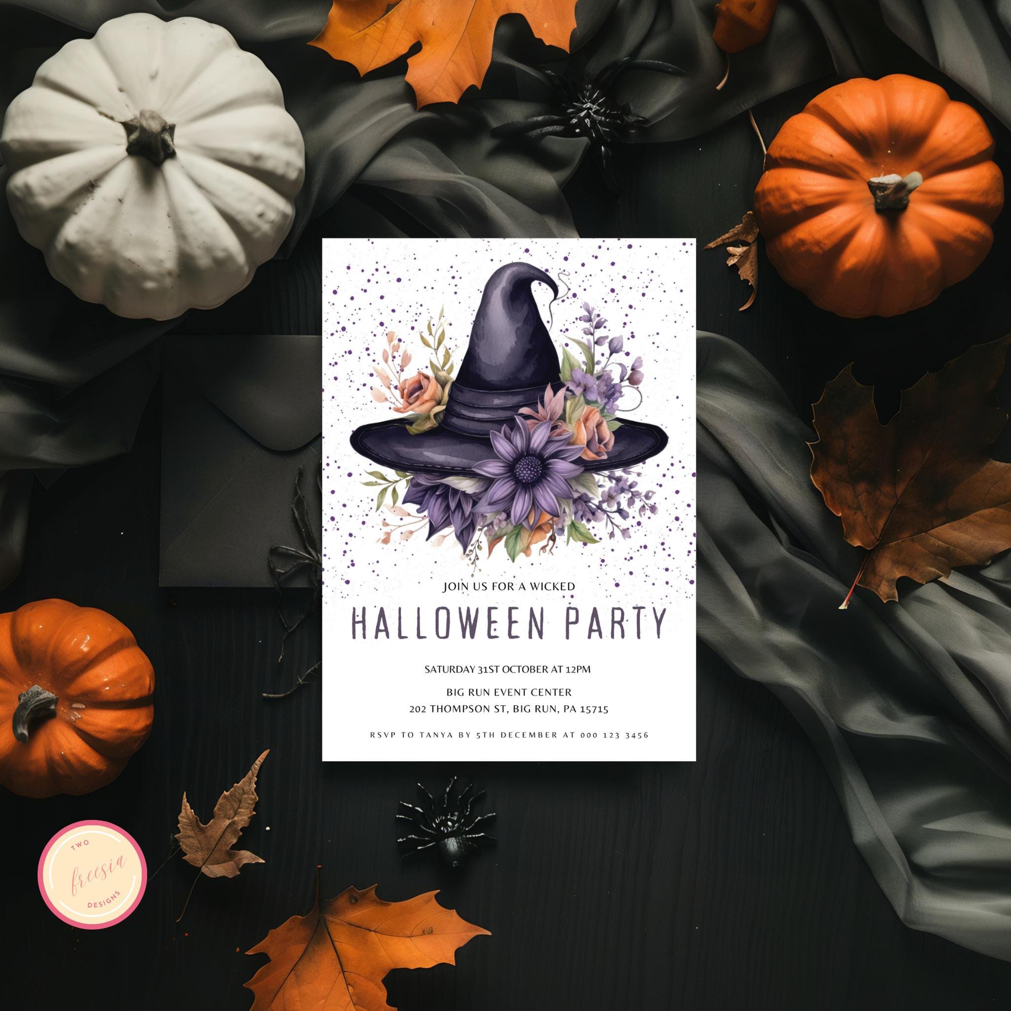 Halloween Floral Witch's Hat Invitation Template