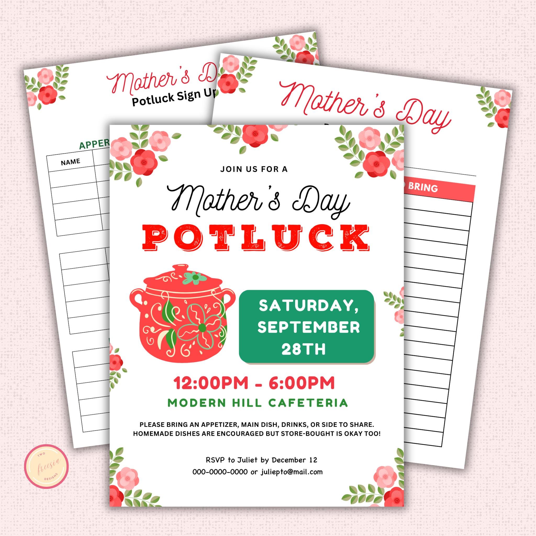 Mother's Day Potluck Flyer and Sign Up Sheet Template