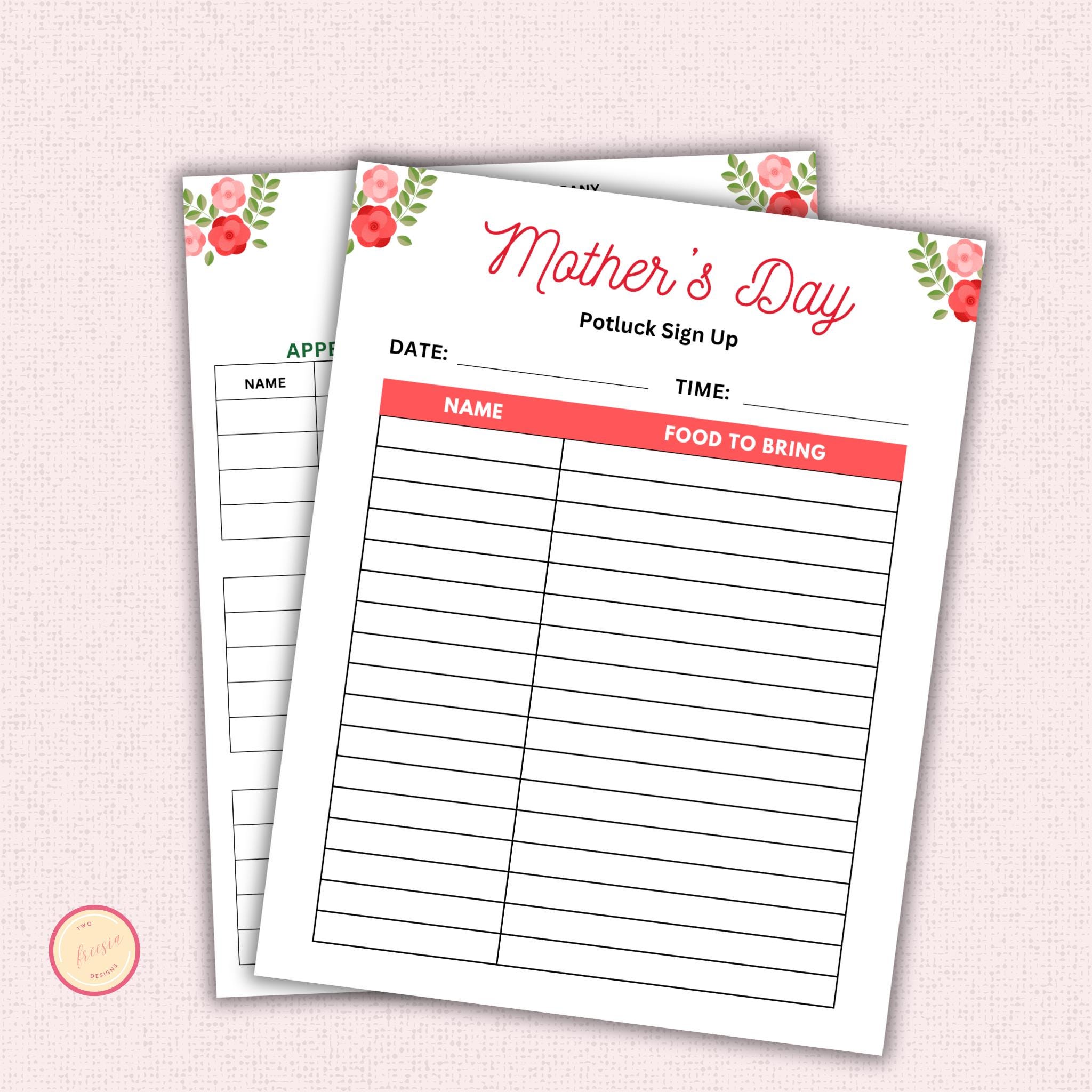 Mother's Day Potluck Sign-Up Sheet Template