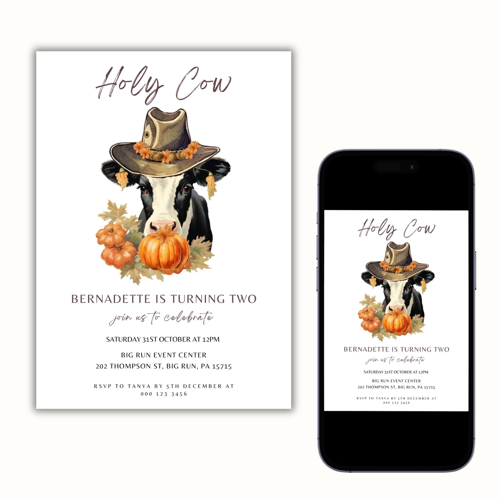 Editable Holy Cow Pumpkin Birthday Party Invitation