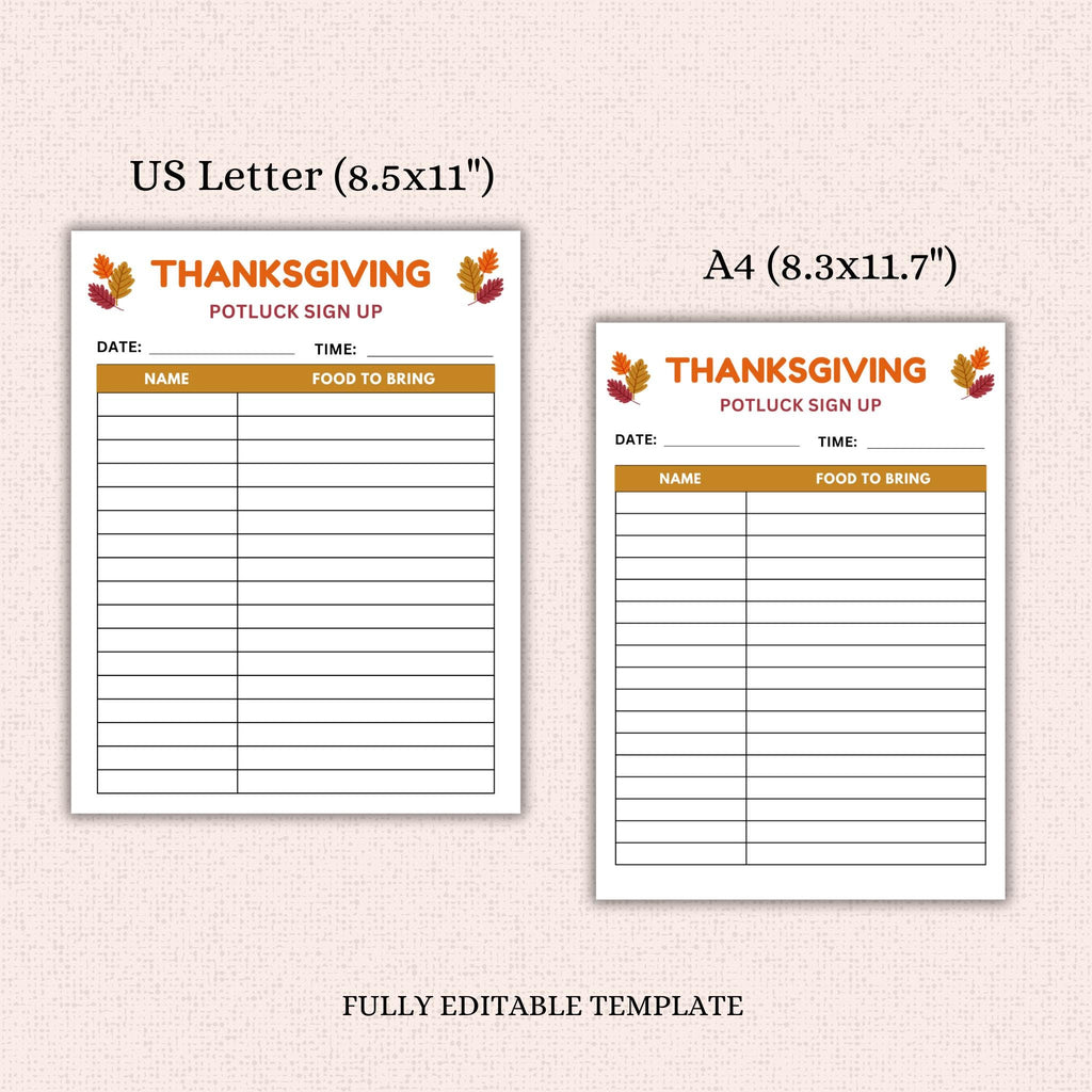 Thanksgiving Potluck Sign-up Sheet Template