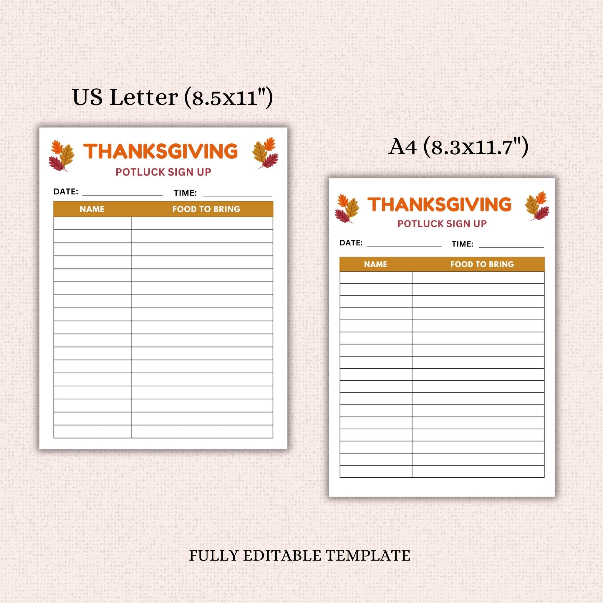 Thanksgiving Potluck Sign-up Sheet Template