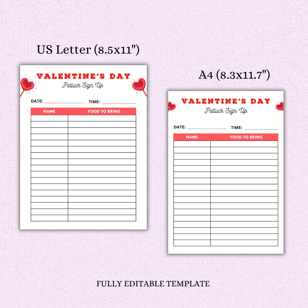 Valentine's Day Potluck Sign-Up Sheet Template