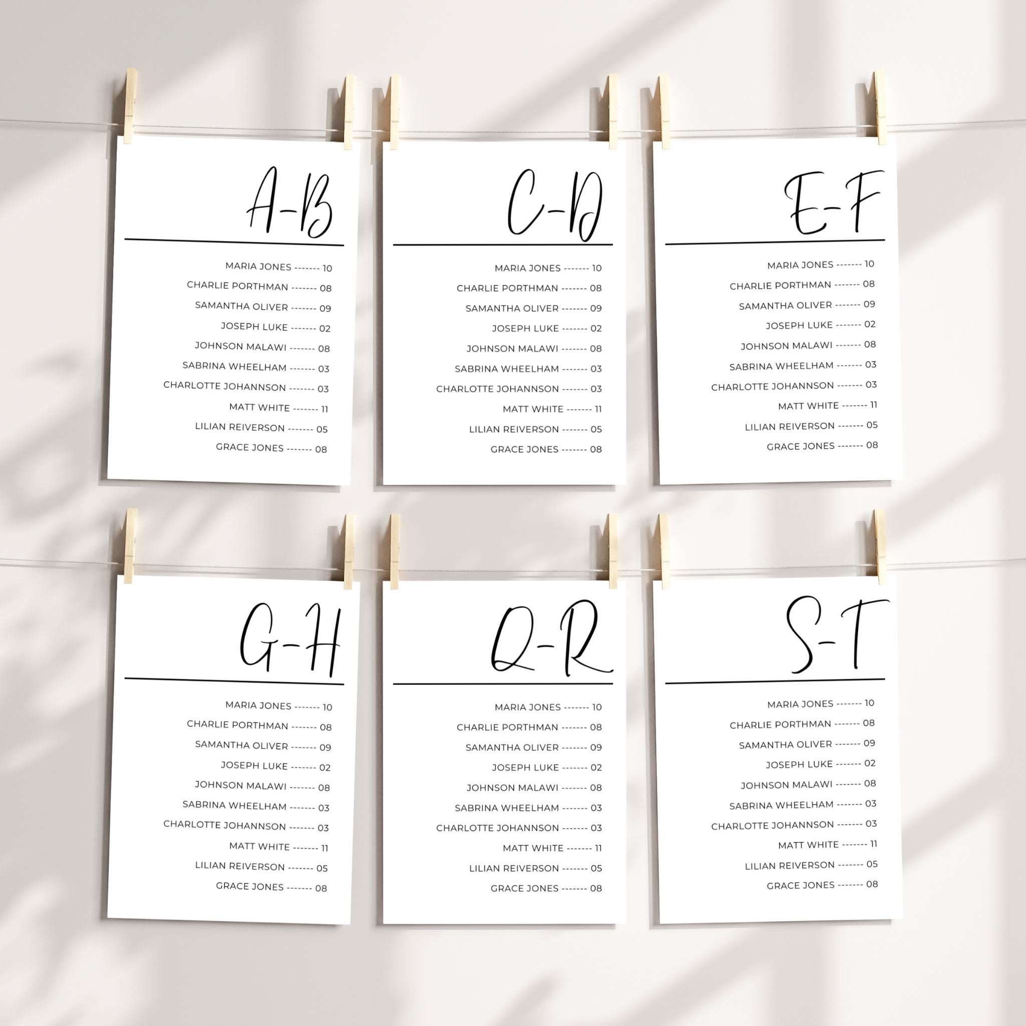 5x7 Alphabetical Seating Chart Template