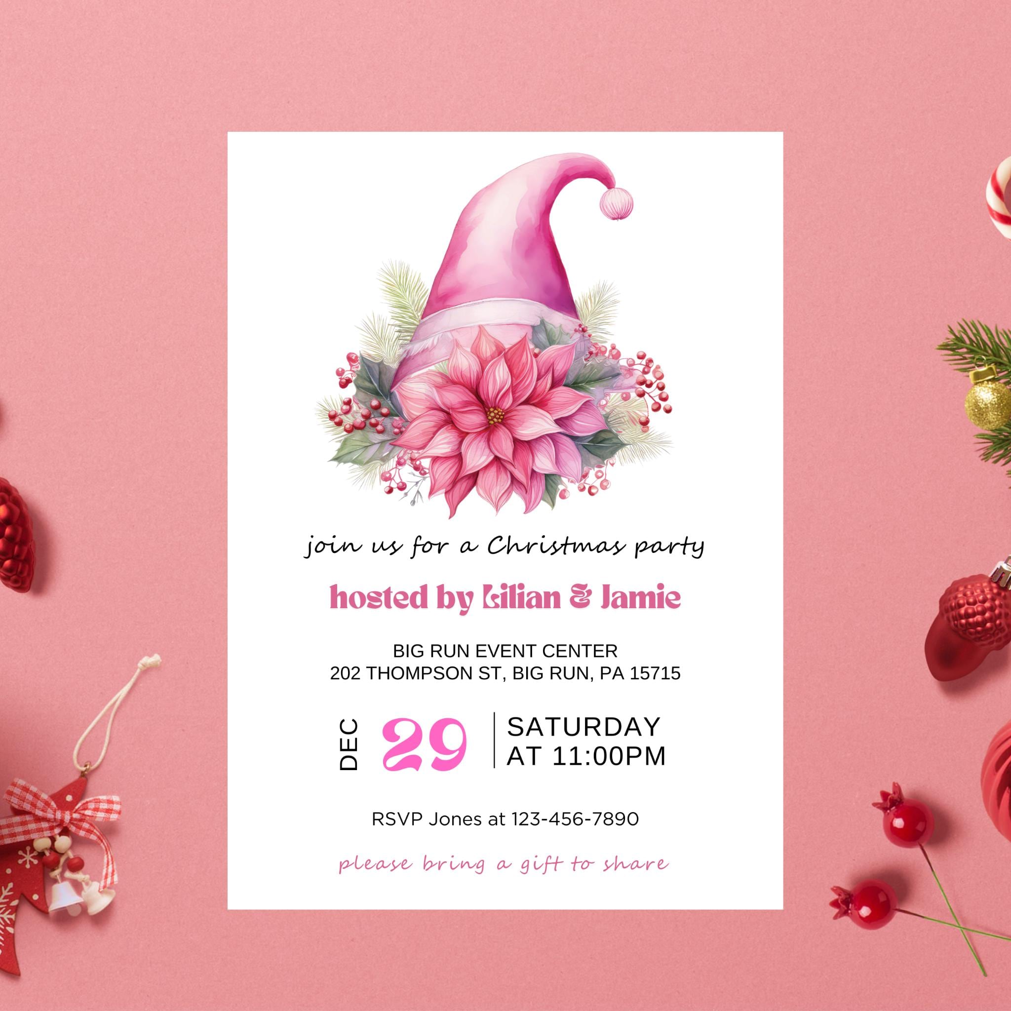 Pink Floral Christmas Hat Party Invitation