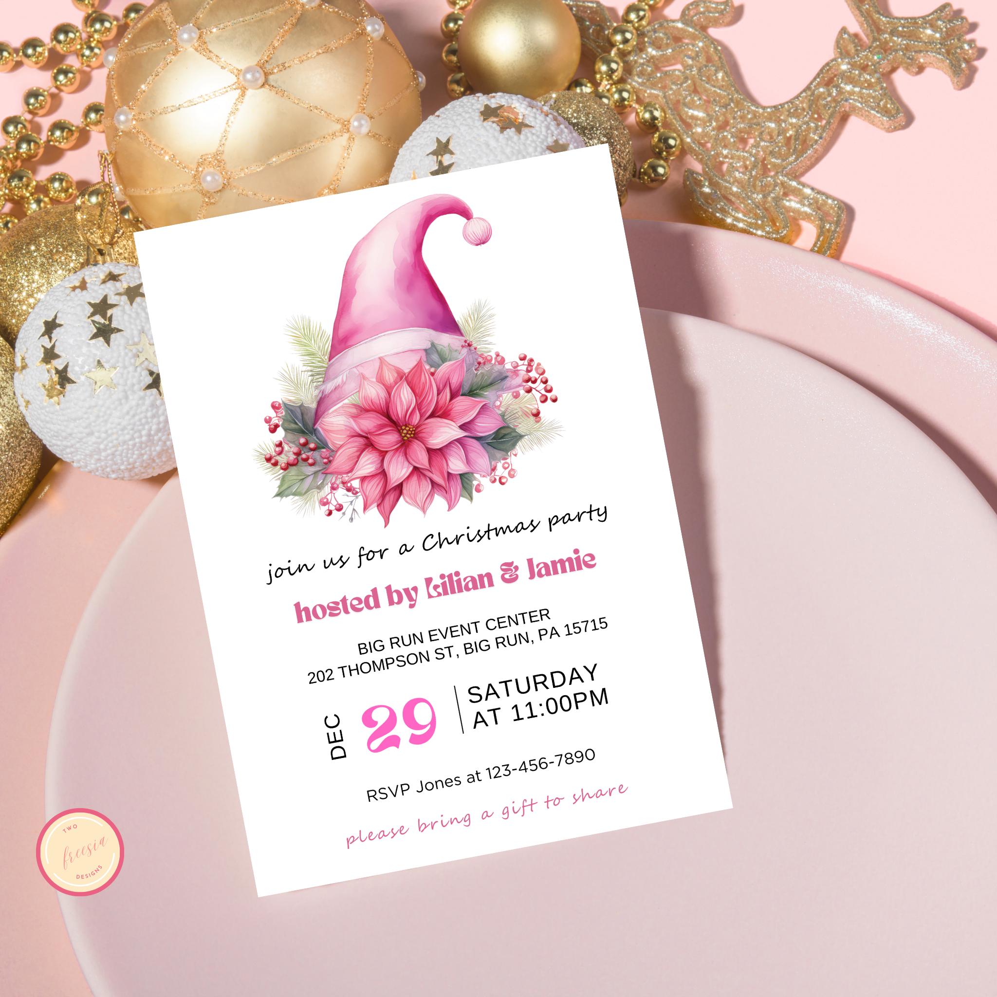 Pink Floral Christmas Hat Party Invitation