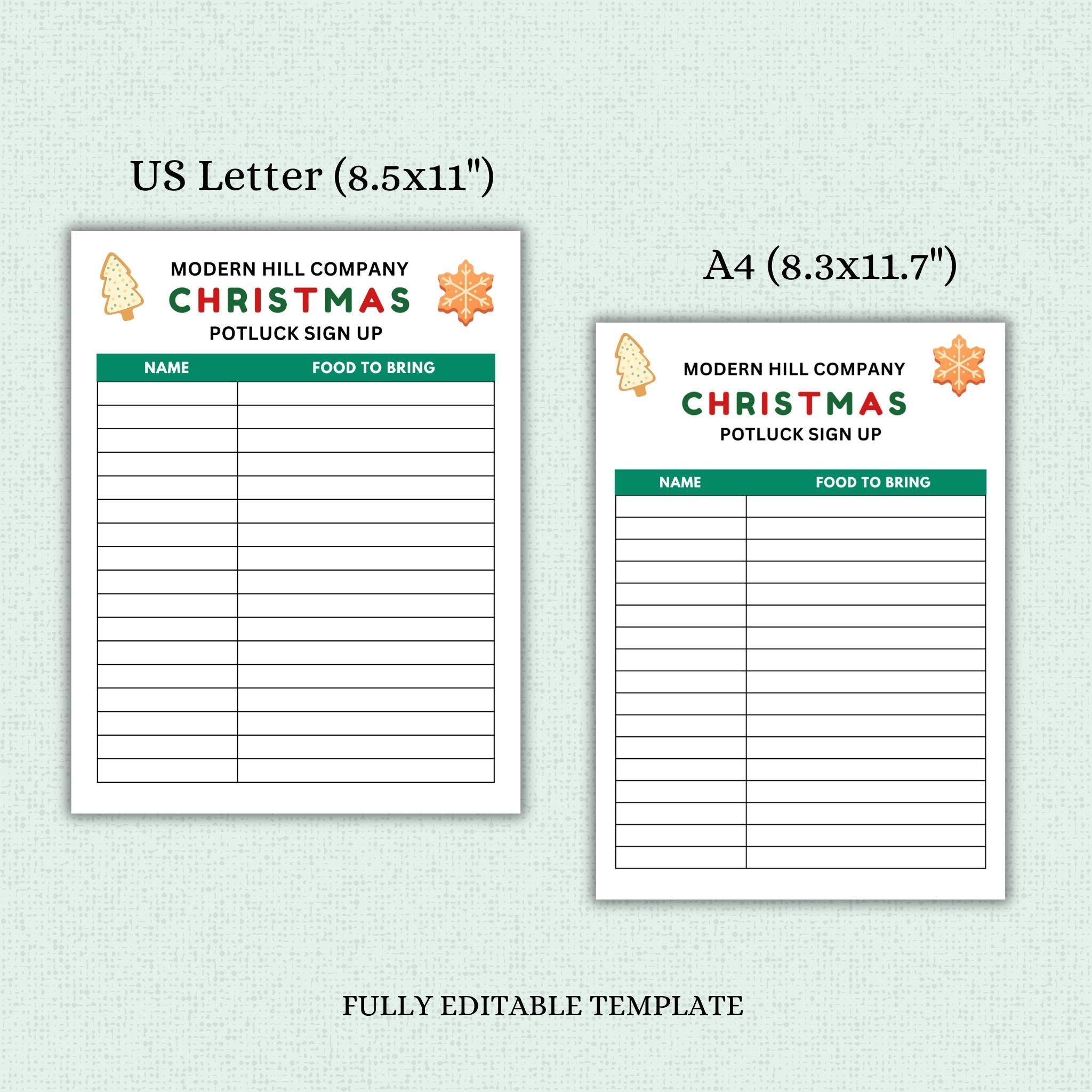 Christmas Potluck Flyer and Sign Up Form Template