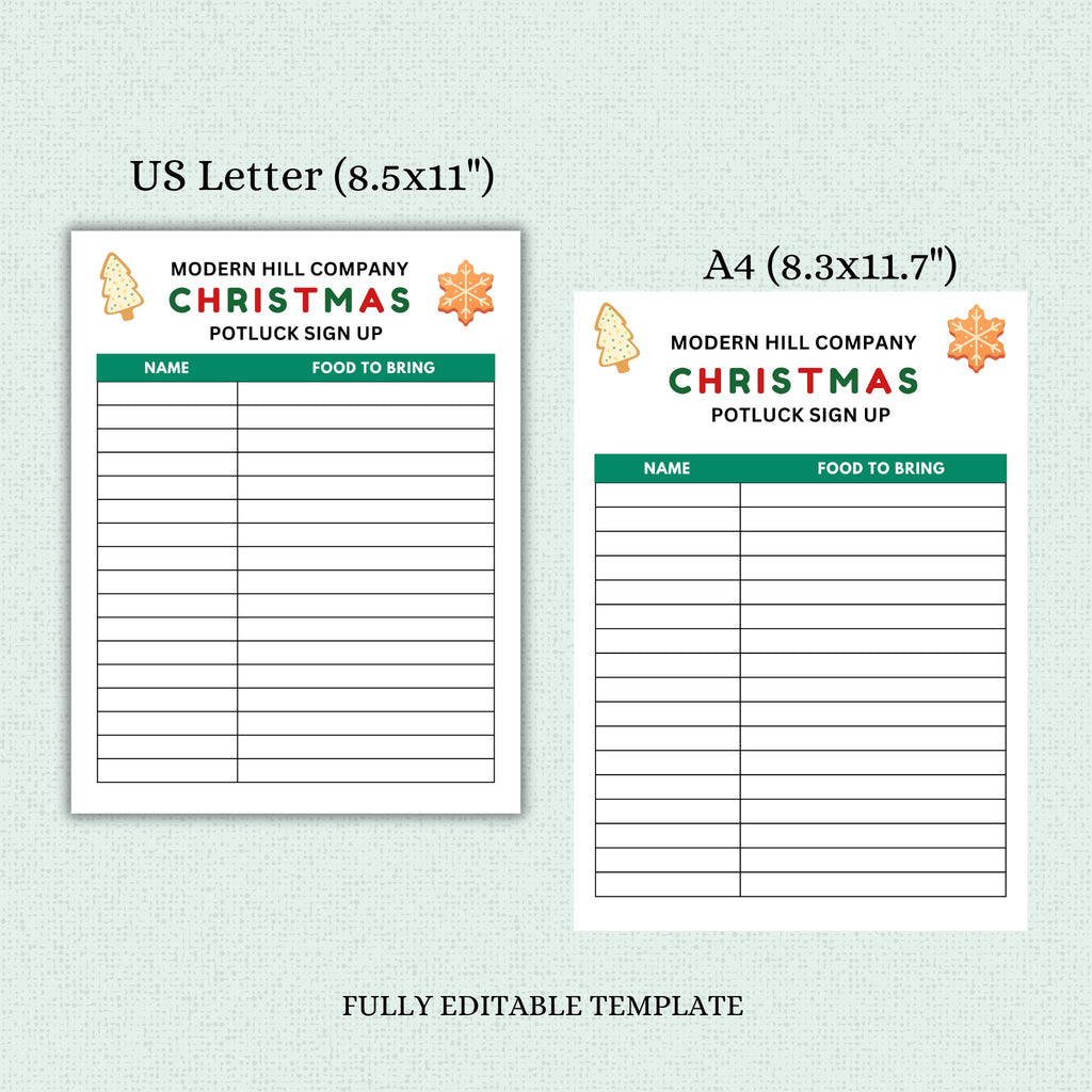 Christmas Potluck Sign-Up Sheet Template