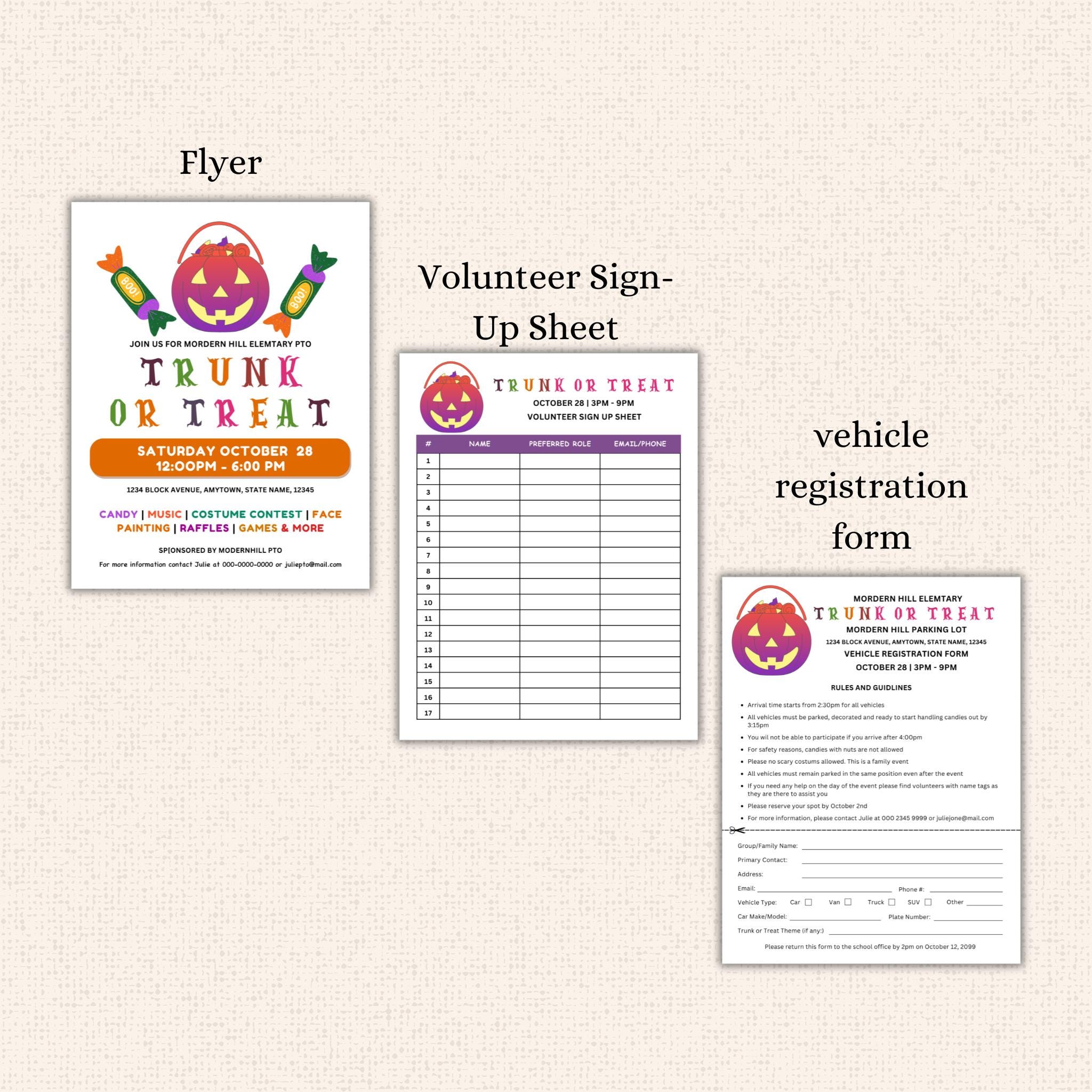 Halloween Trunk or Treat Flyer & Sign Up Sheet Template Bundle