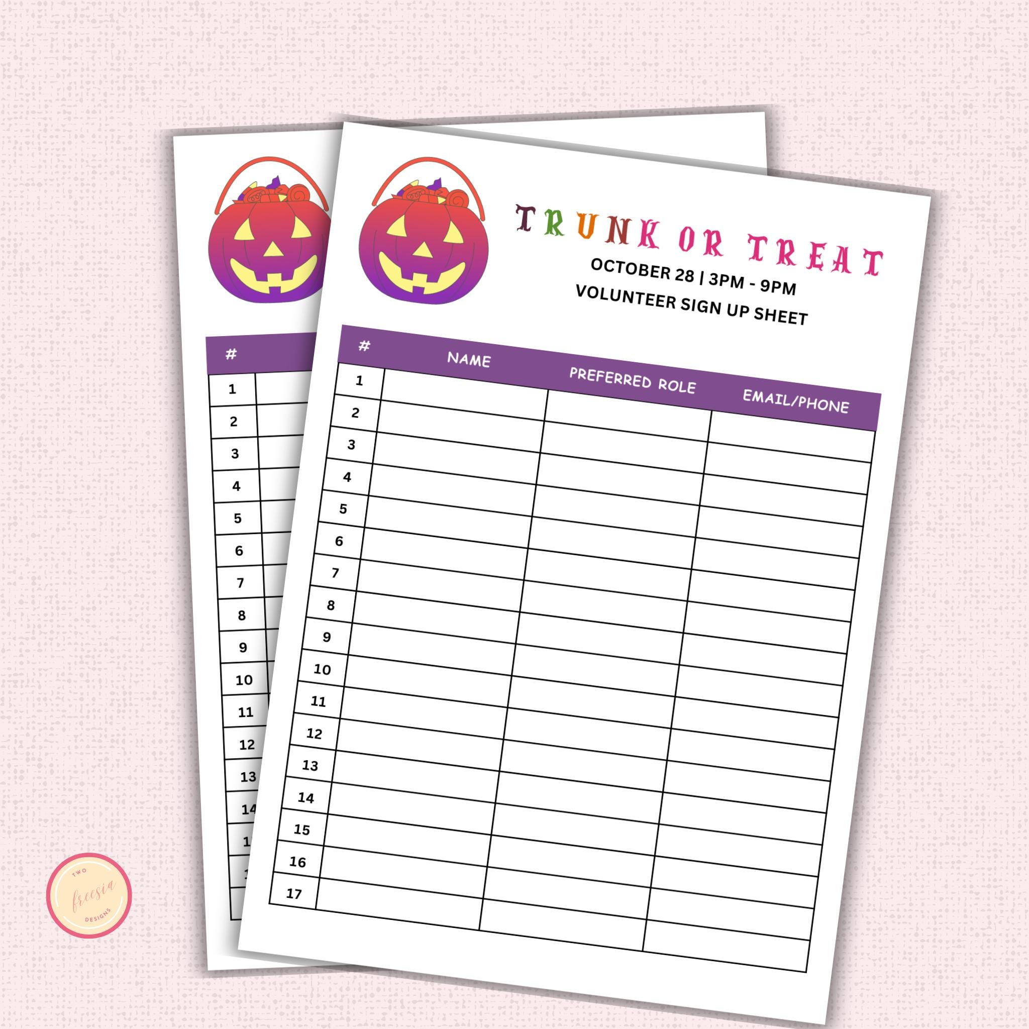 Truck or Treat Sign Up Sheet Template