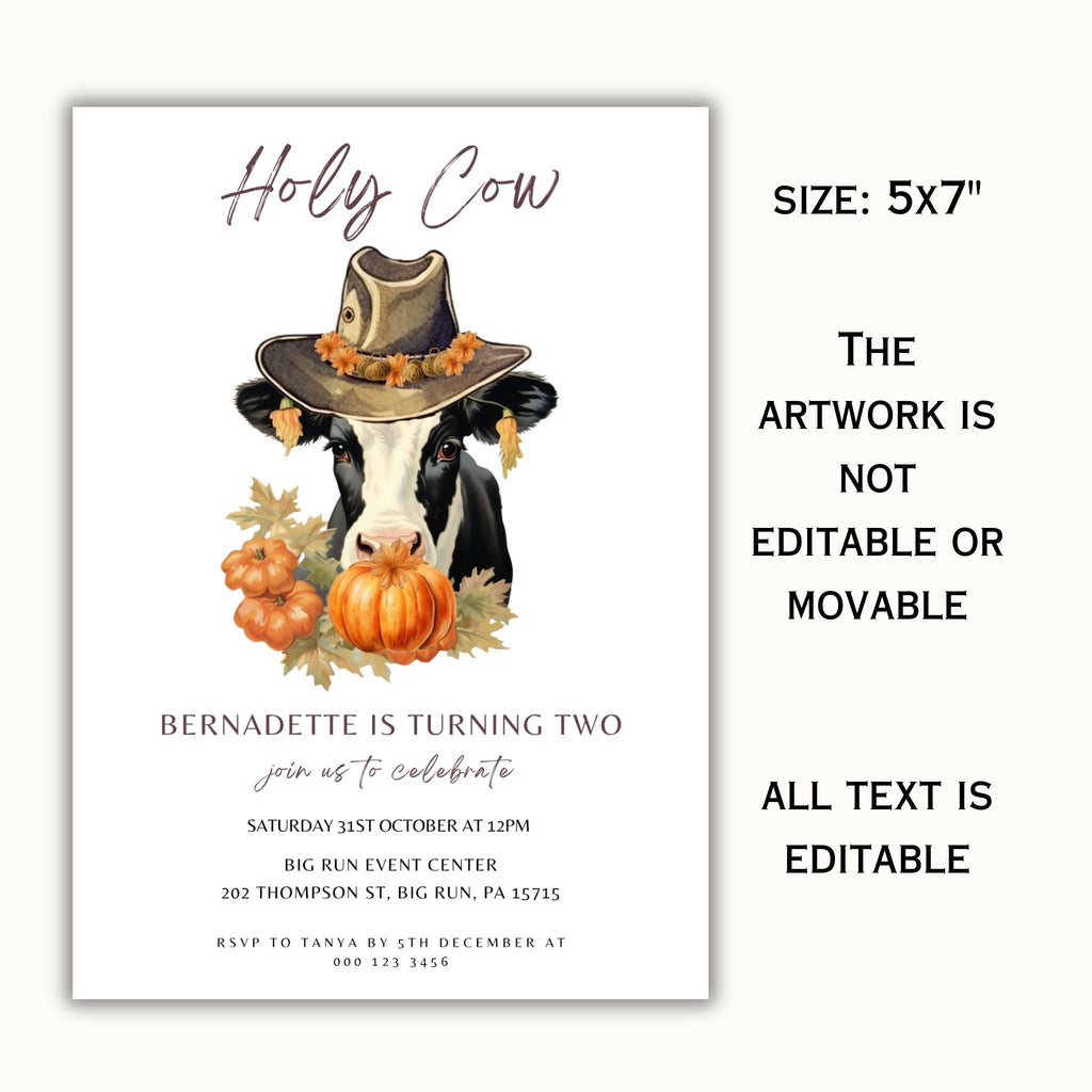 Editable Holy Cow Pumpkin Birthday Party Invitation