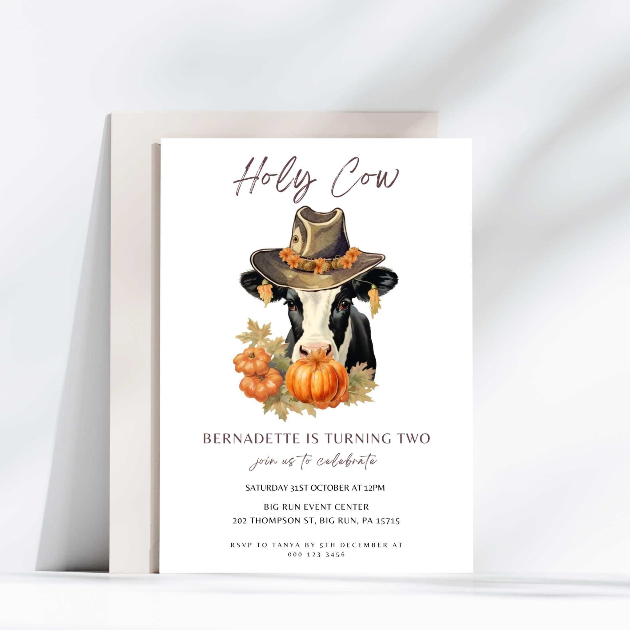 Editable Holy Cow Pumpkin Birthday Party Invitation