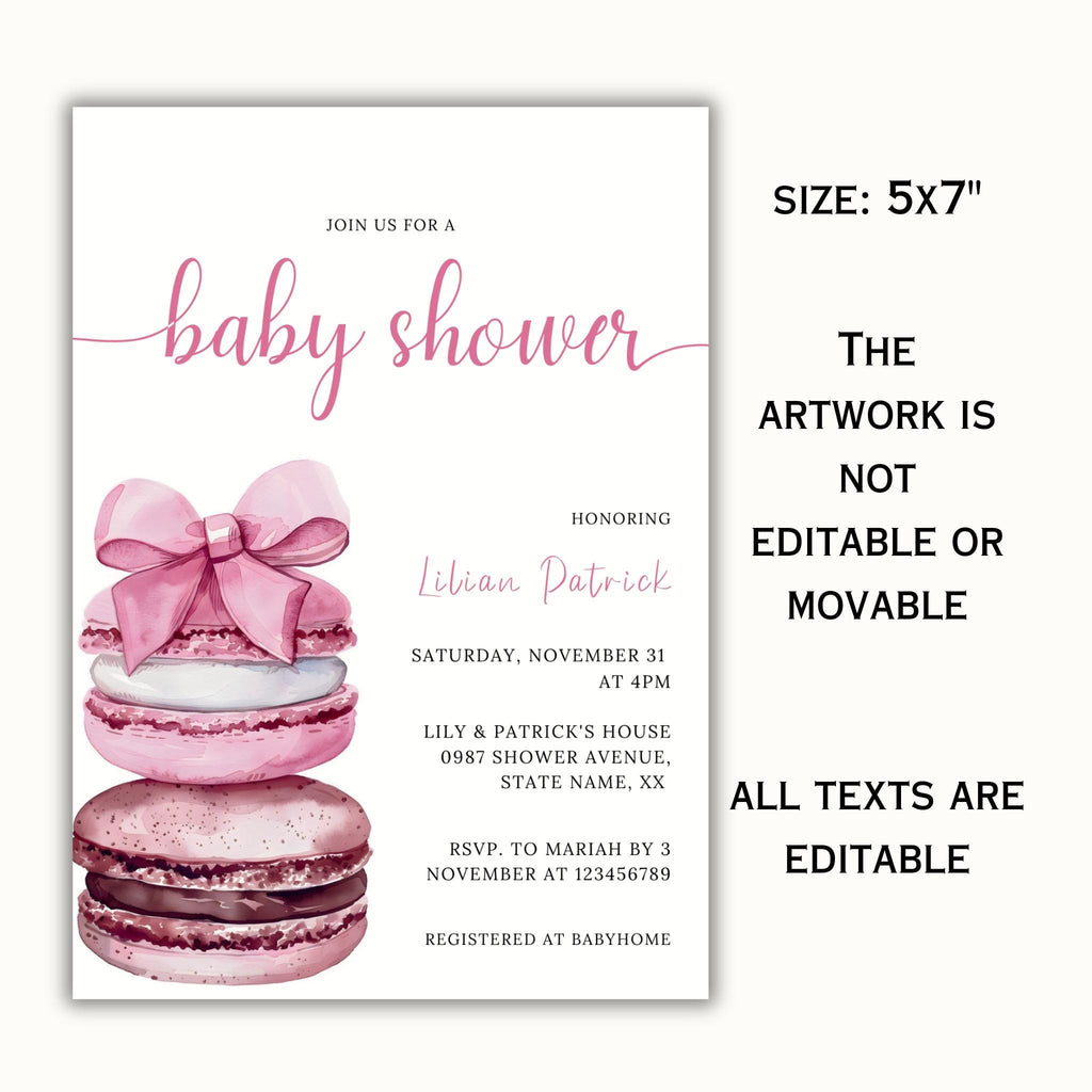Pink Bow & Macaron Baby Shower Invitation