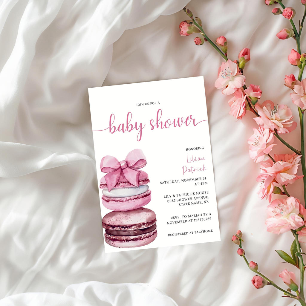 Pink Bow & Macaron Baby Shower Invitation