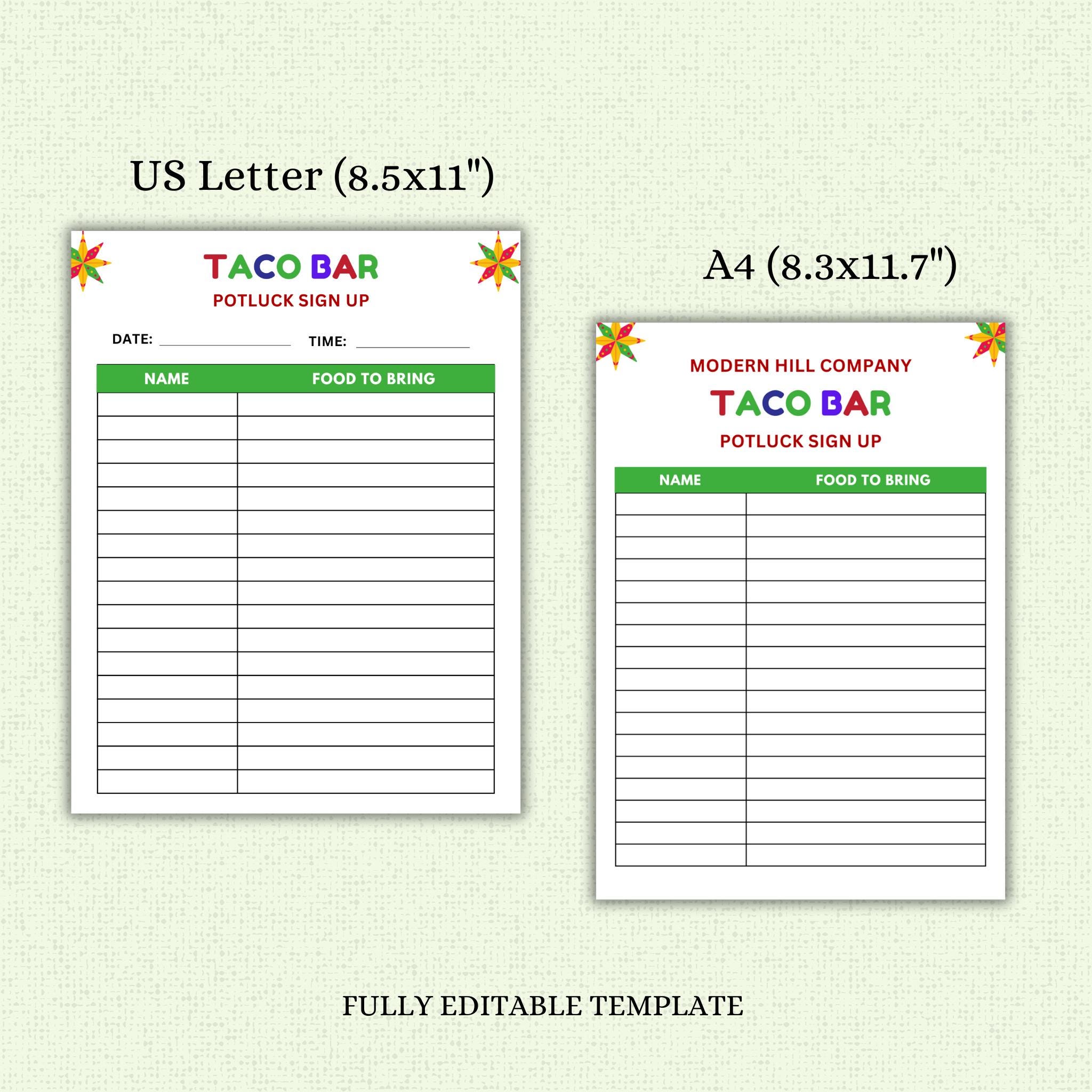 Taco Bar Potluck Flyer Template & Sign-up Sheet