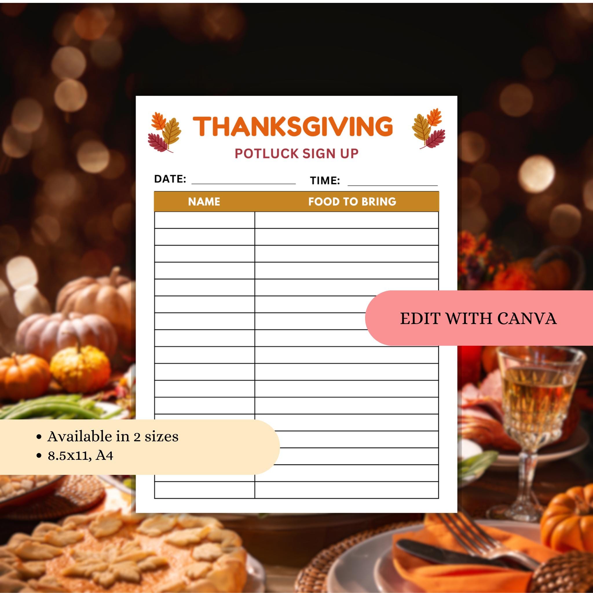 Thanksgiving Potluck Sign-up Sheet Template